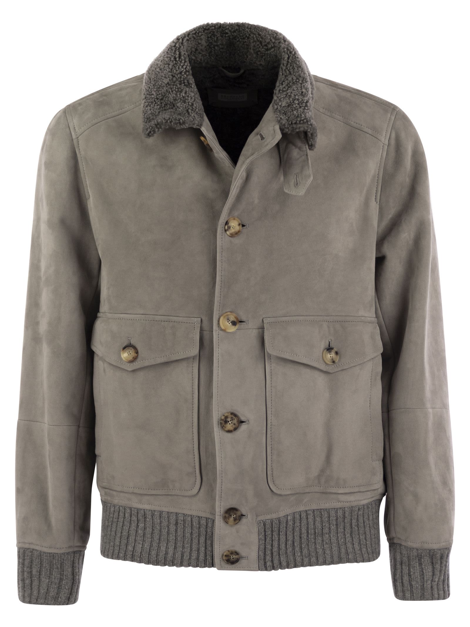 Brunello Cucinelli Sheepskin Bomber Jacket With Wool Details In Grey