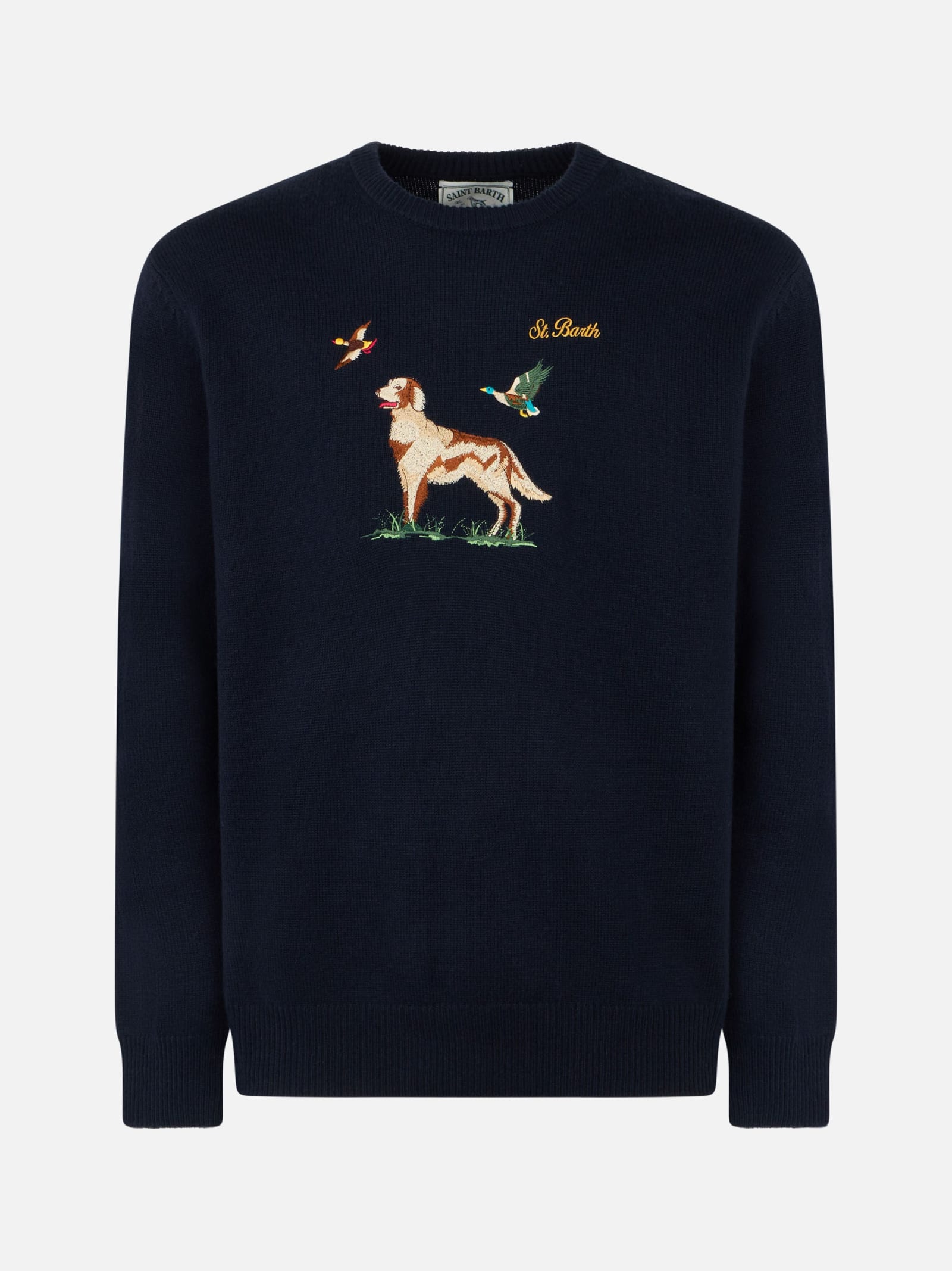 Mc2 Saint Barth Man Crewneck Donegal Sweater With English Pointer Jacquard In Blue