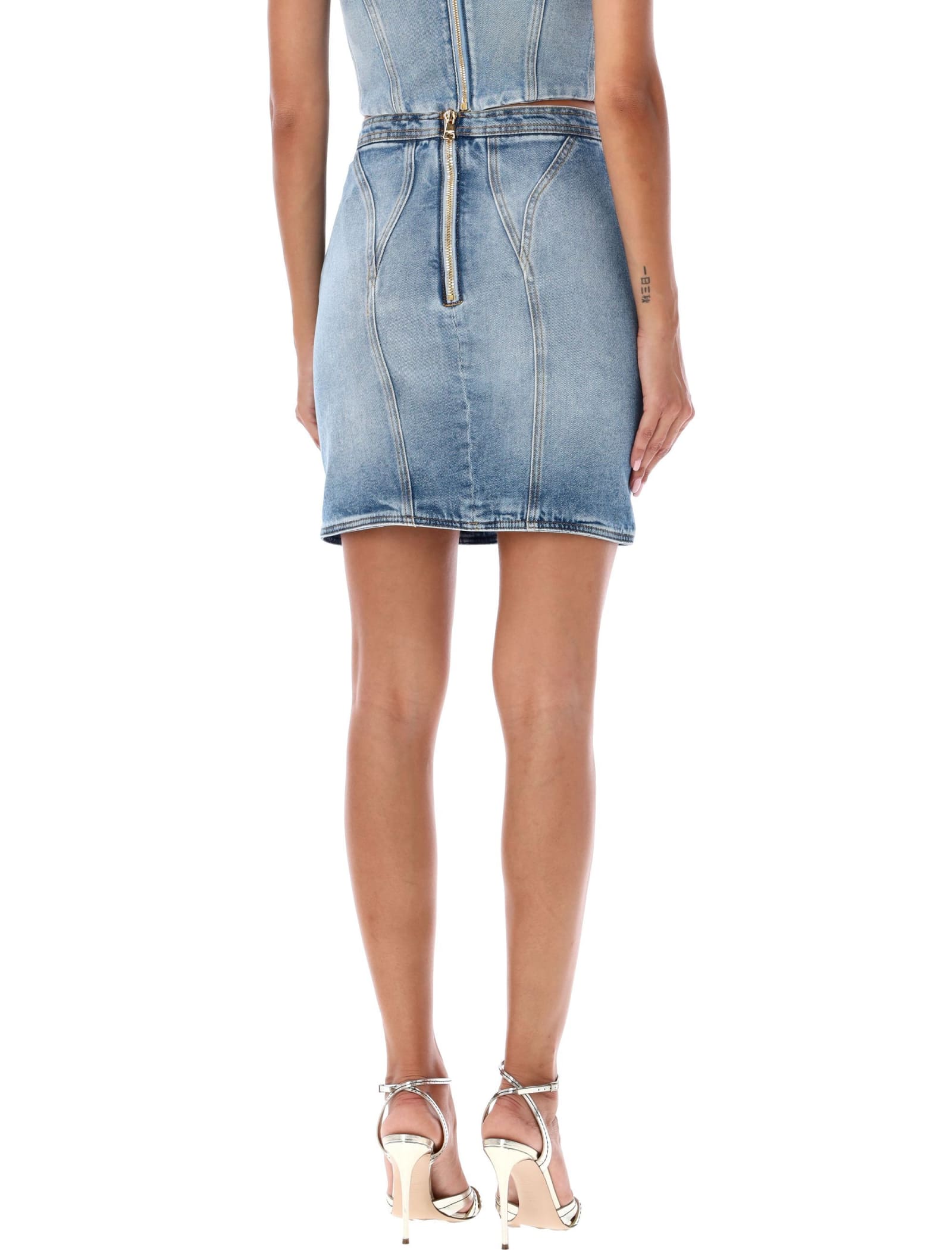 Shop Balmain Denim Mini Skirt In Light Blue