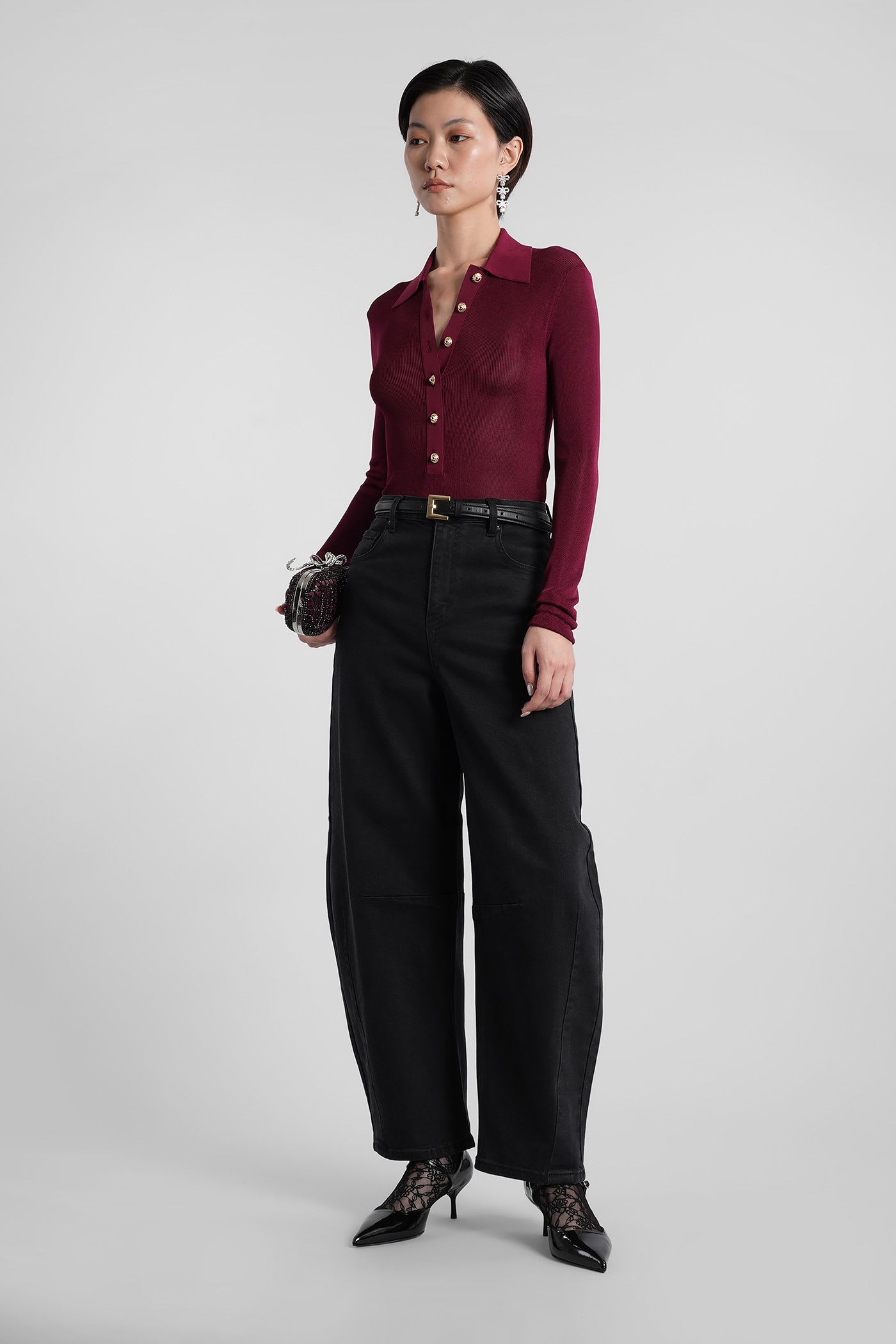 Self-portrait Bordeaux Viscose Bodysuit With Classic Collar In Red