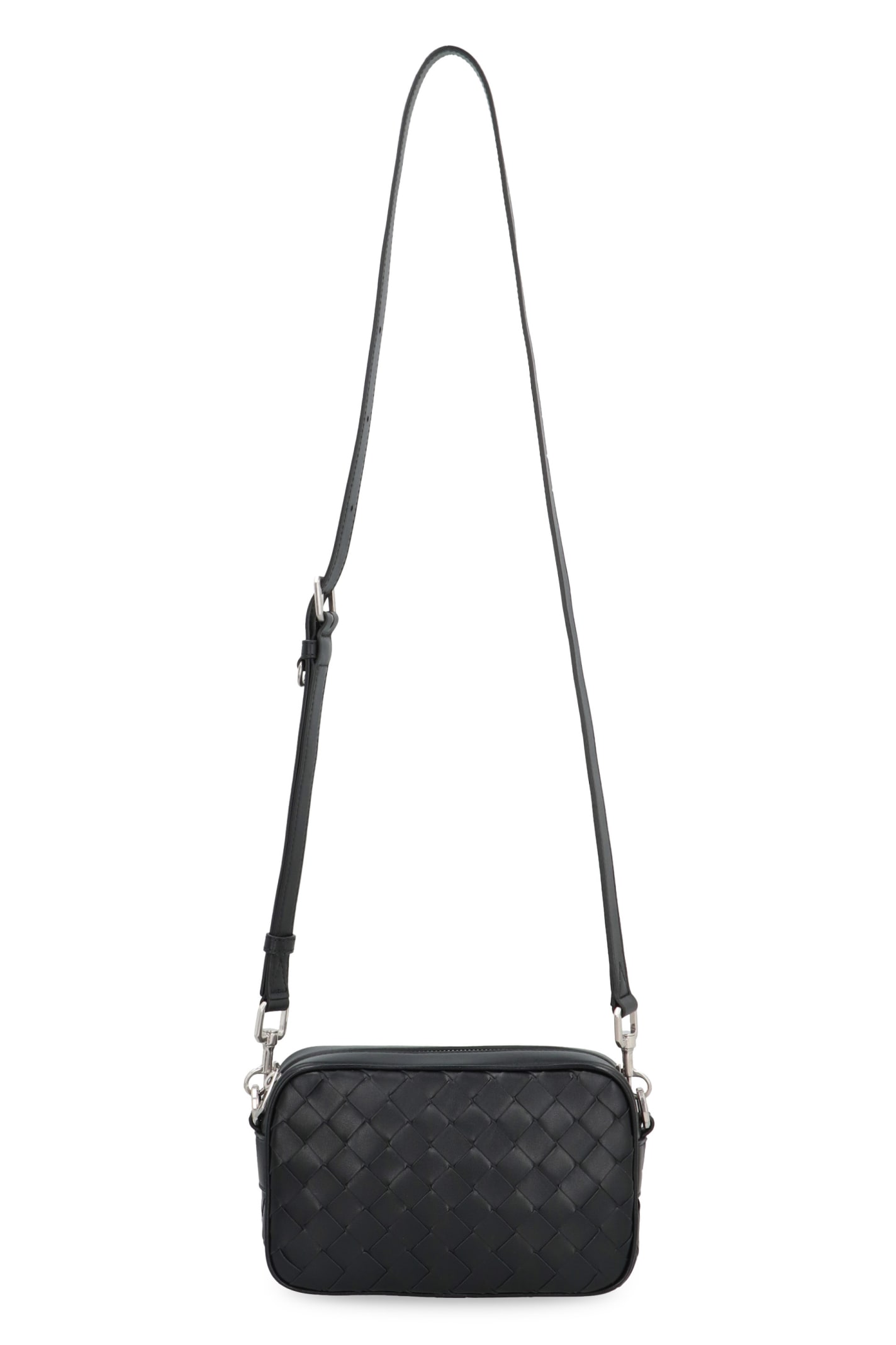 Shop Bottega Veneta Leather Mini Camera Bag In Black/silver