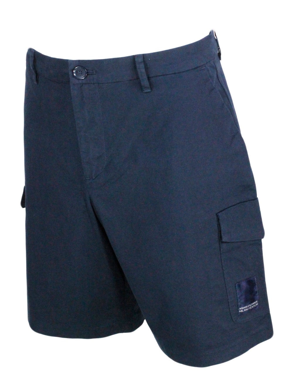 Shop Armani Collezioni Stretch Cotton Bermuda Shorts, Cargo Model With Large Pockets On The Leg And Zip And Button Closure In Blu