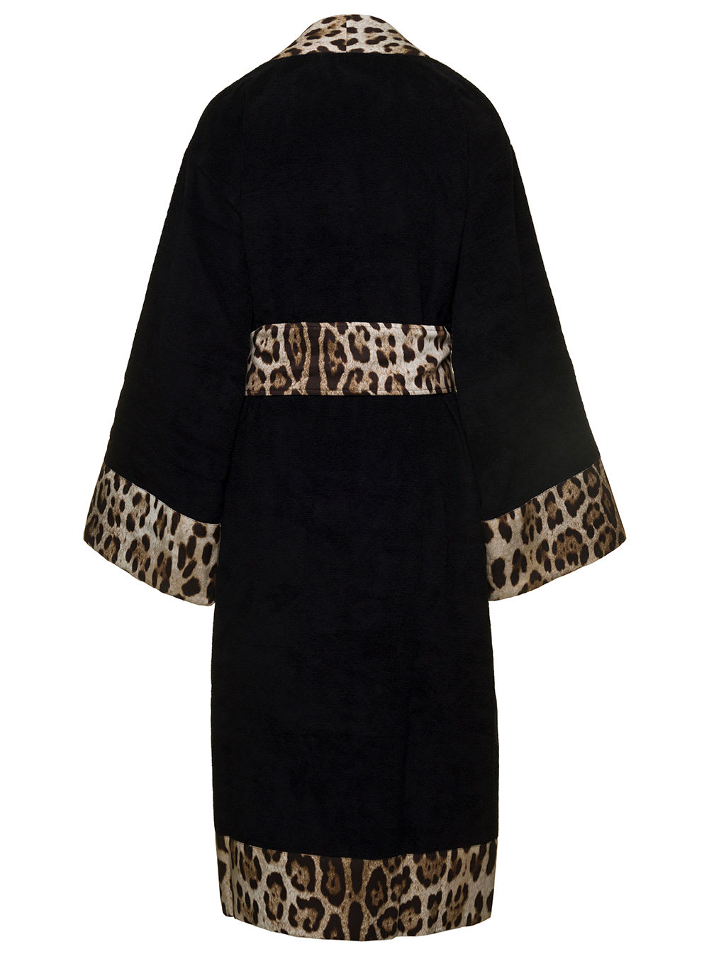 Shop Dolce & Gabbana Black Kimono Bathrobe With Leopard Trim In Cotton