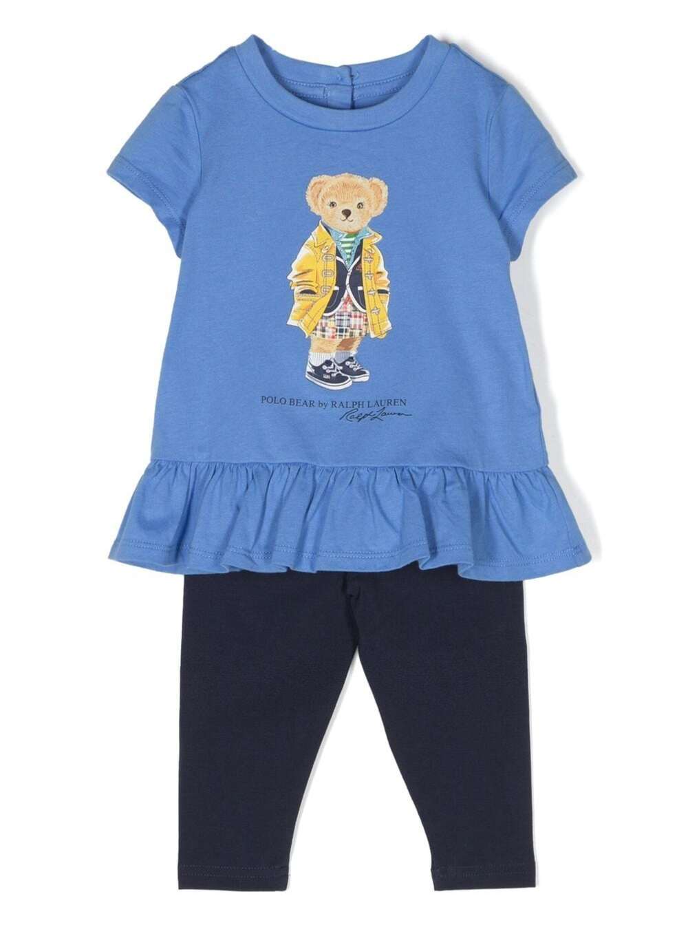 Shop Polo Ralph Lauren Blue And Black Set With Top And Leggings With Teddy Bear Print In Cotton Baby