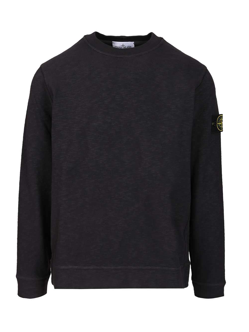 Stone Island Organic Cotton Crew Neck Sweater With English Ribs Knitwear Blue In Black