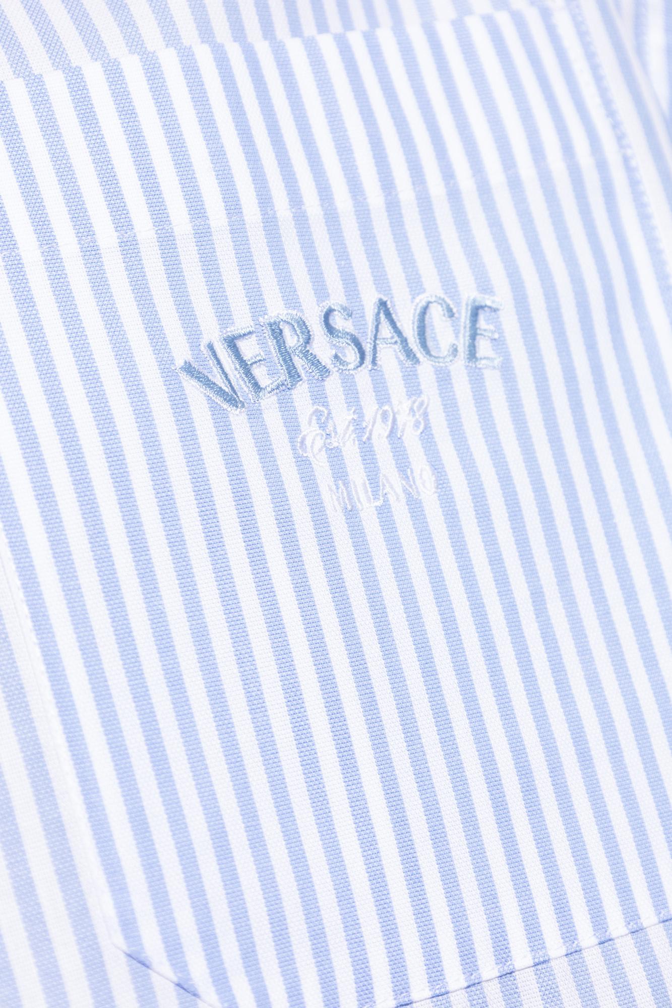 Versace Long-sleeved Striped Buttoned Shirt In Clear Blue