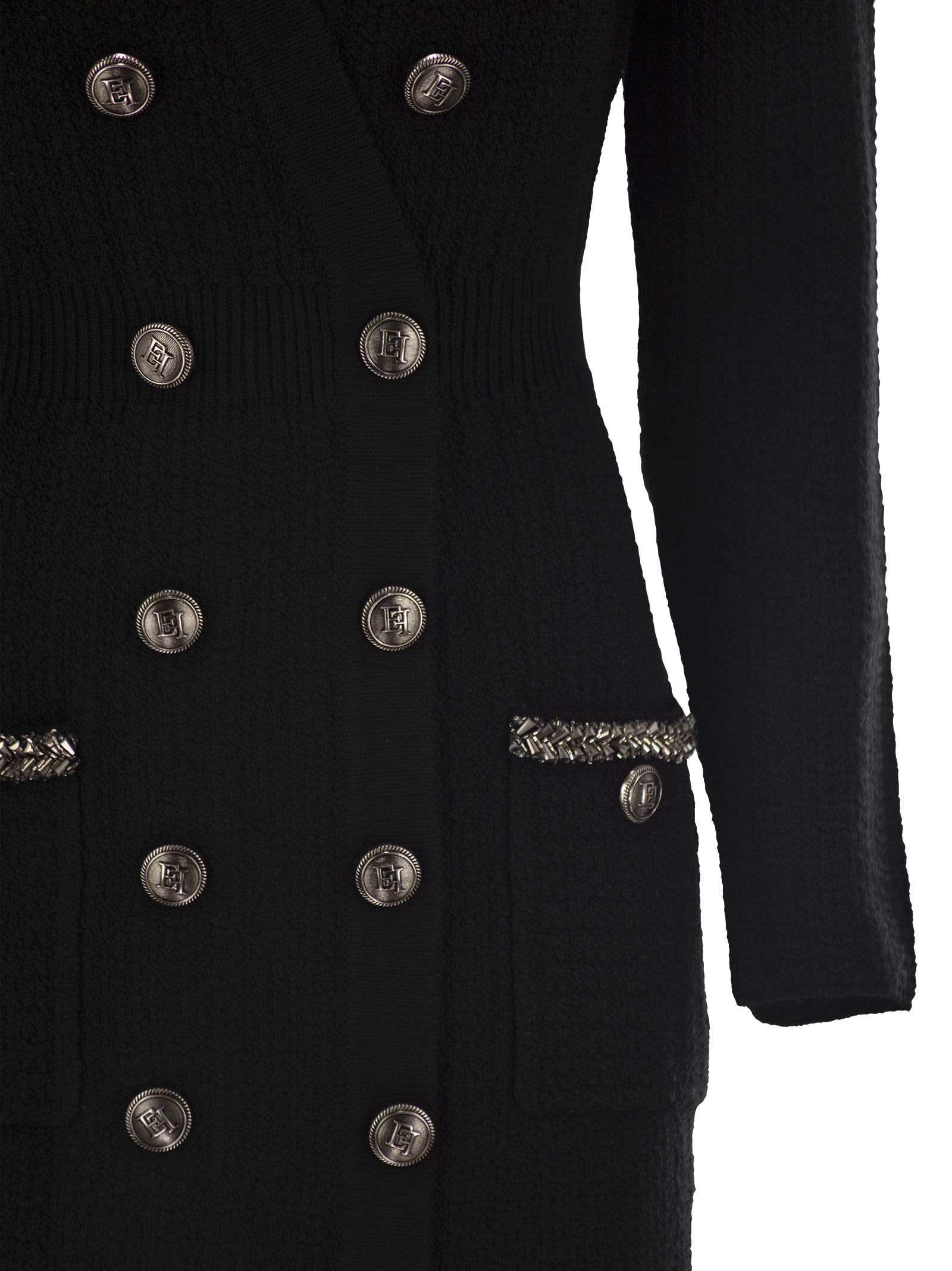 Shop Elisabetta Franchi Robe Manteau In Bouclé Wool With Embroidery In Black