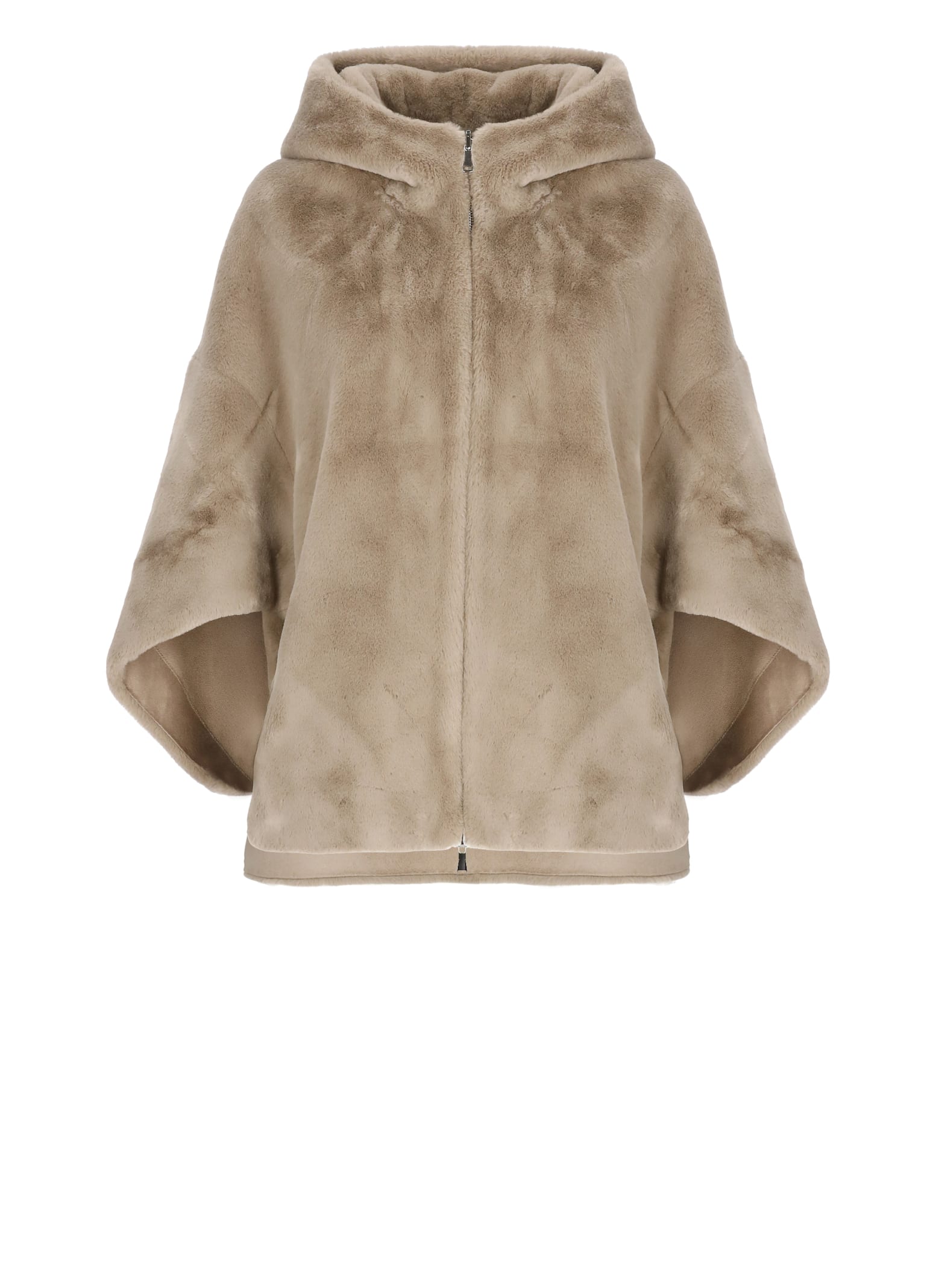 Betta Corradi Faux-fur Hooded Three-quarter Sleeve Jacket In Brown