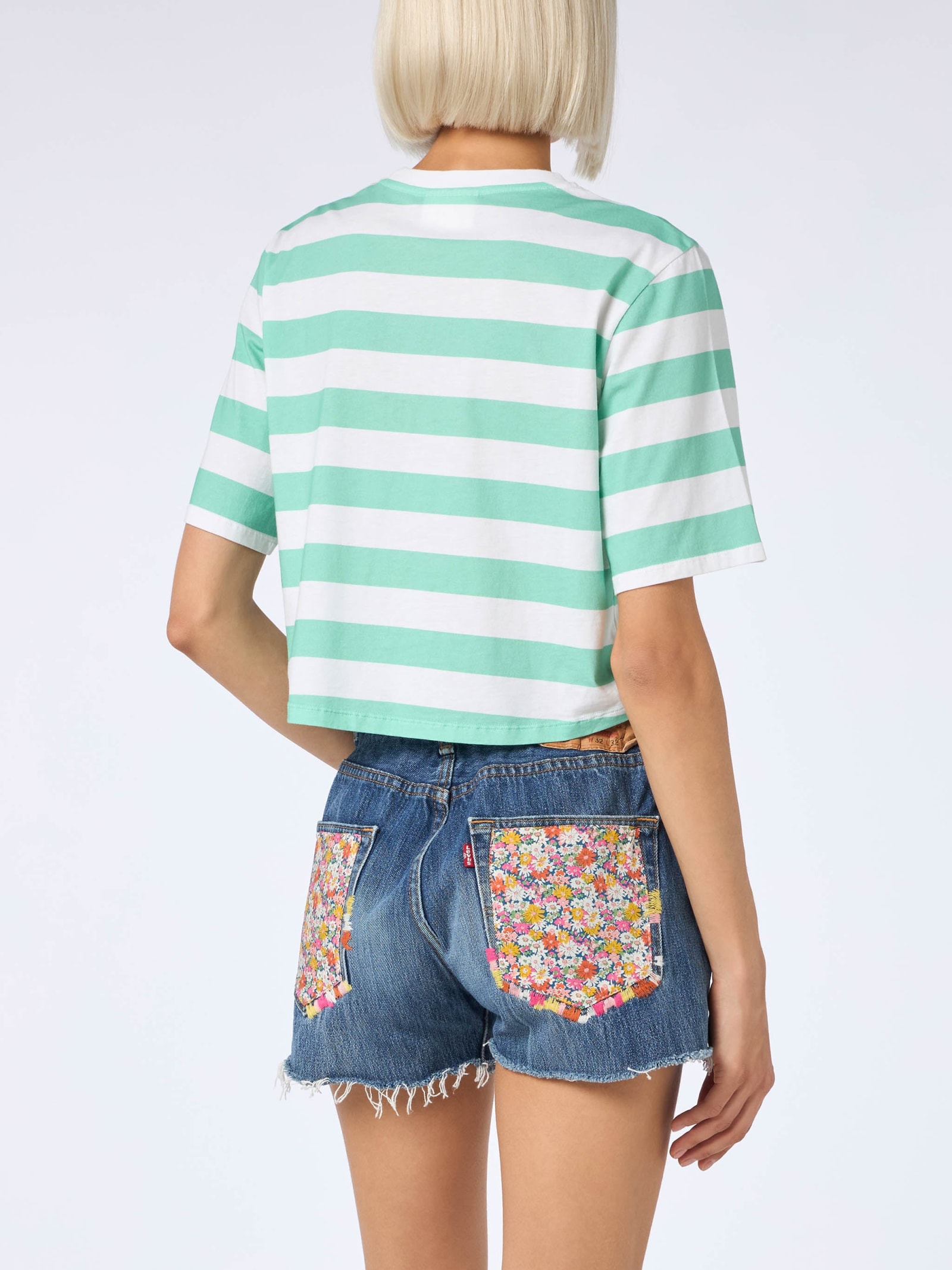 Mc2 Saint Barth Woman Acquamarine And White Striped Crop T-shirt In Rigato