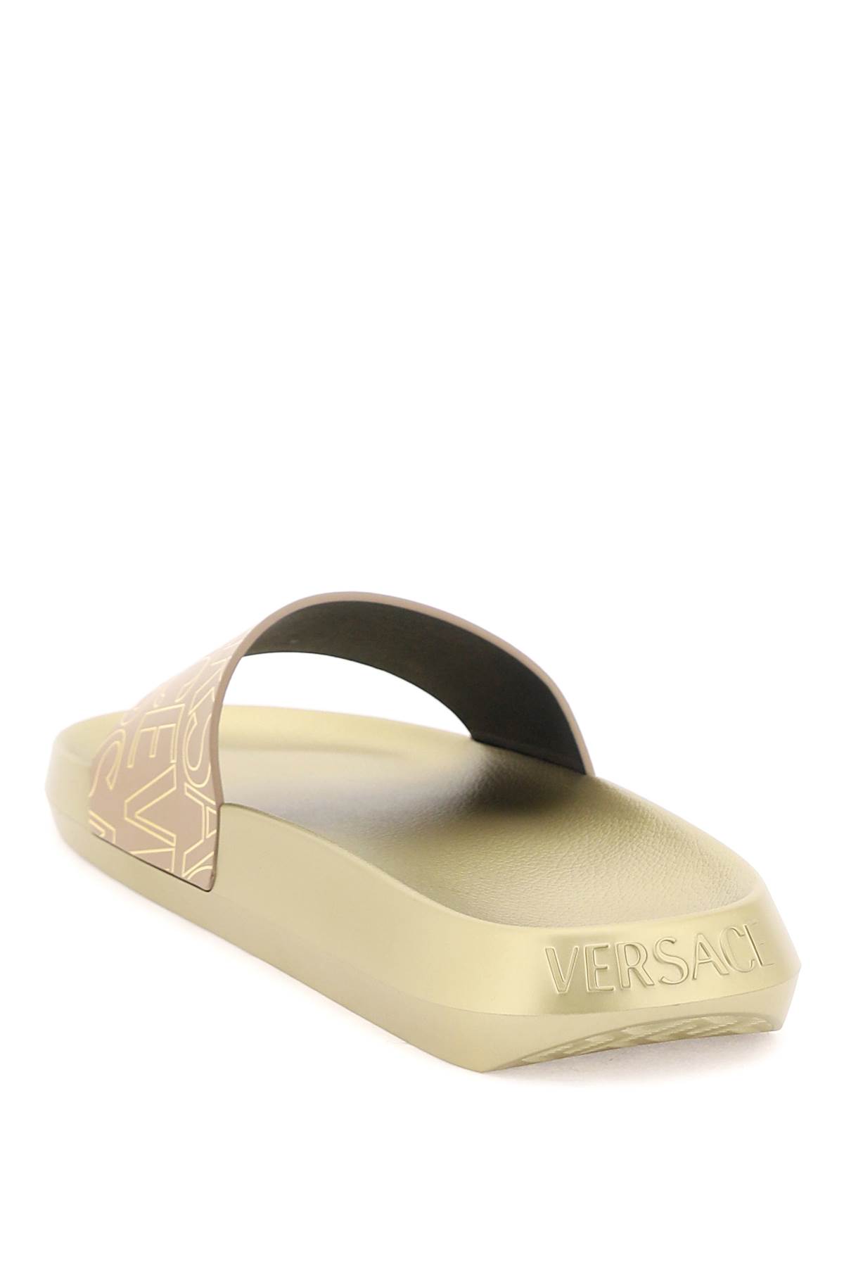 Shop Versace Allover Slides In Beige Brown Gold (gold)