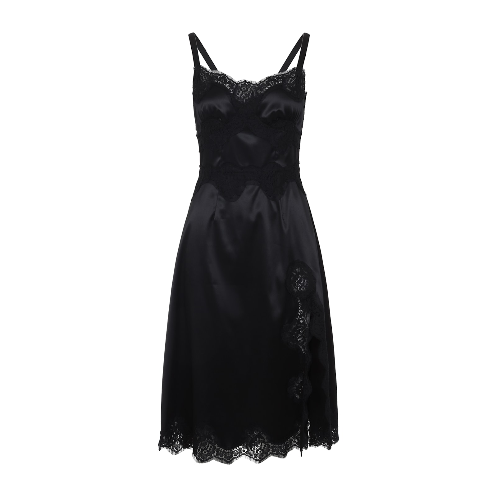 Dolce & Gabbana Lace Trim Satin Dress With Spaghetti Straps In Black