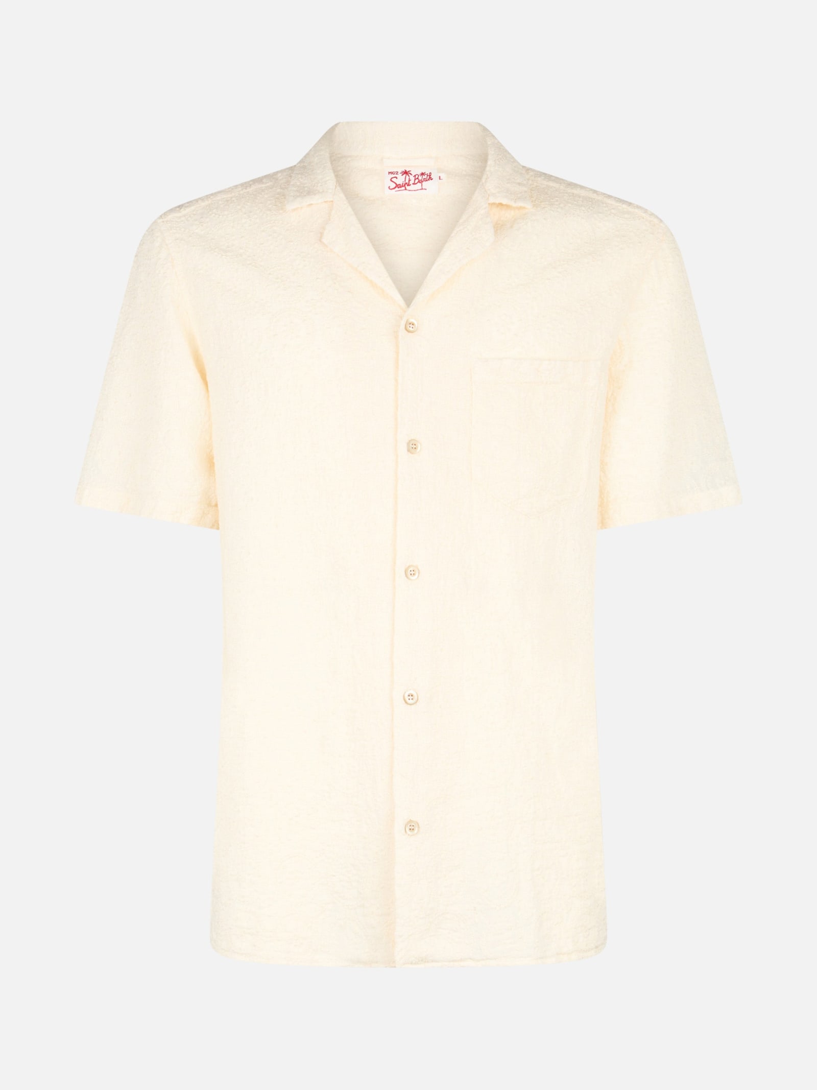 Shop Mc2 Saint Barth Man Linen Shirt Kalea With Flower Embroidery In White