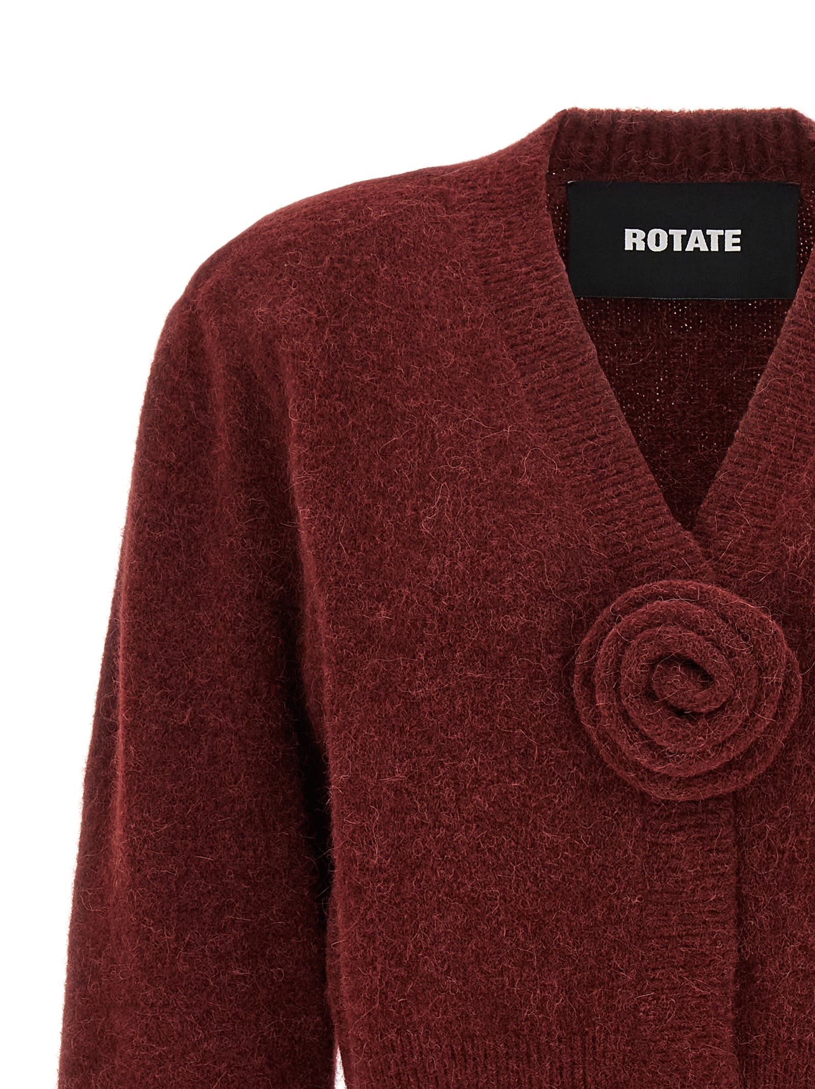 Rotate Birger Christensen Rotate Cropped Burgundy Sweater With Deep V-neckline And Floral Embellishment In Burgundy