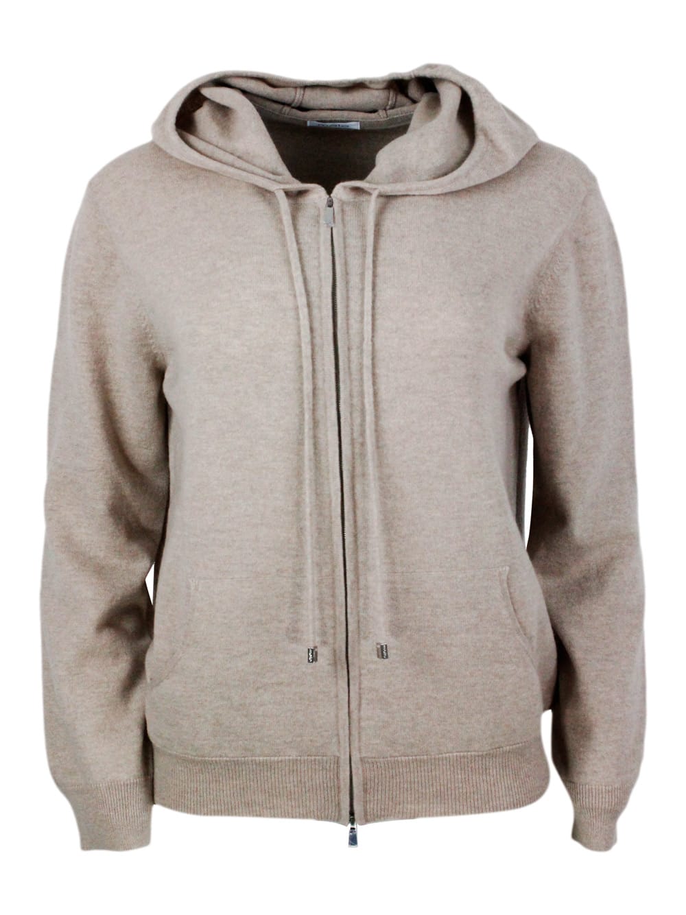 Sweatshirt Style Sweater In Pure And Soft Cashmere With Hood And Zip Closure