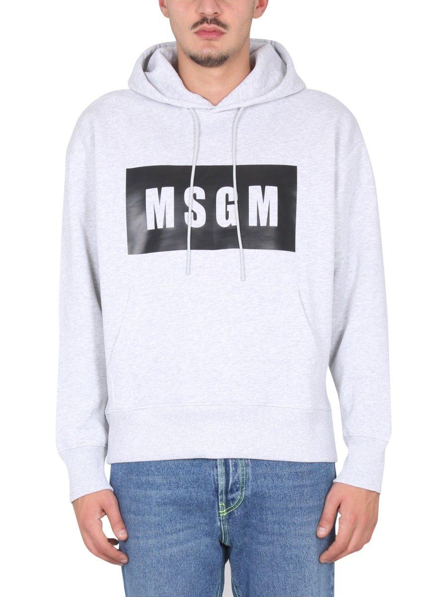 Msgm Logo-printed Drawstring Hoodie In Grey Melange