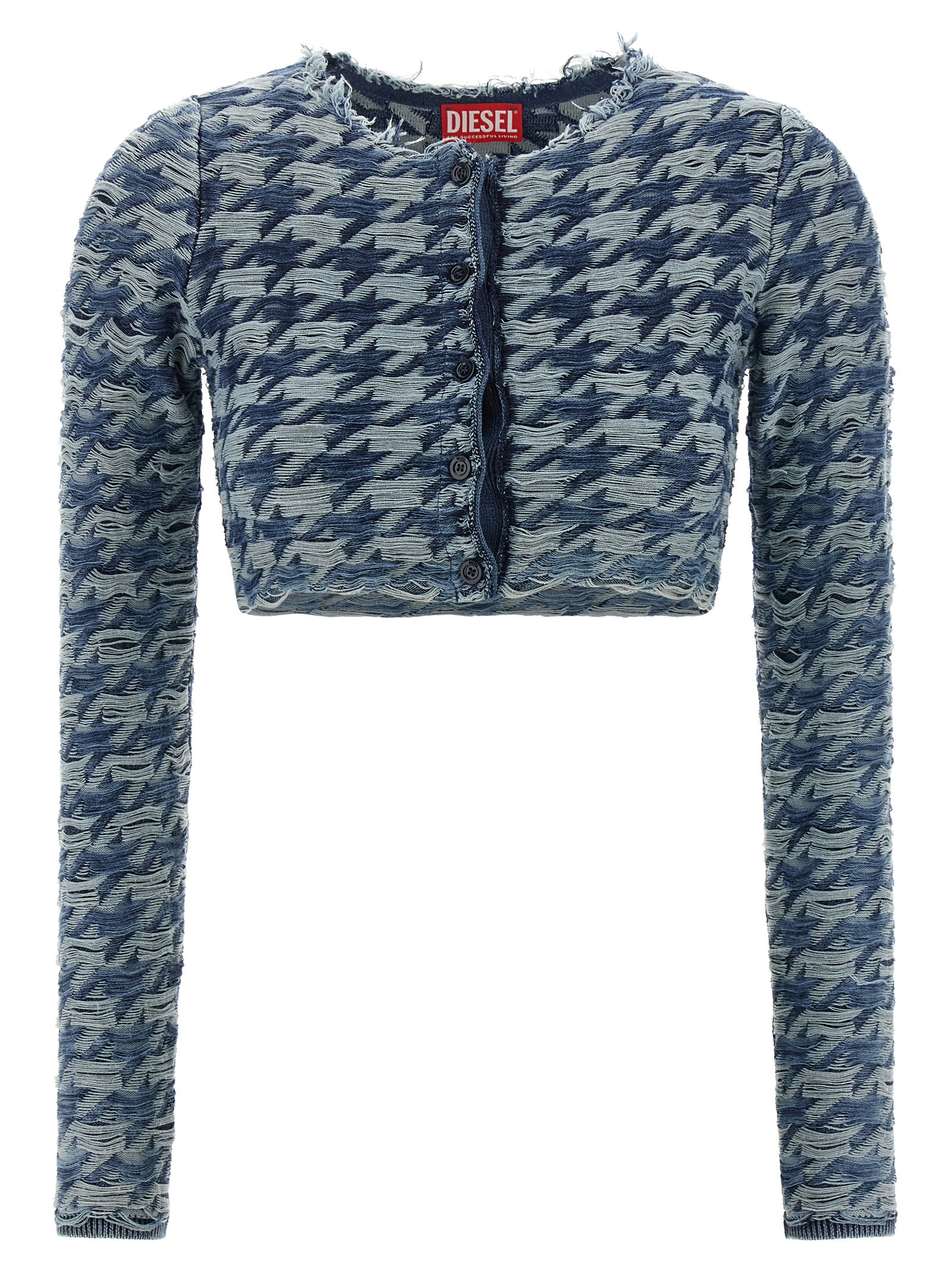 Diesel Long Sleeve Cropped Houndstooth Top In Blue