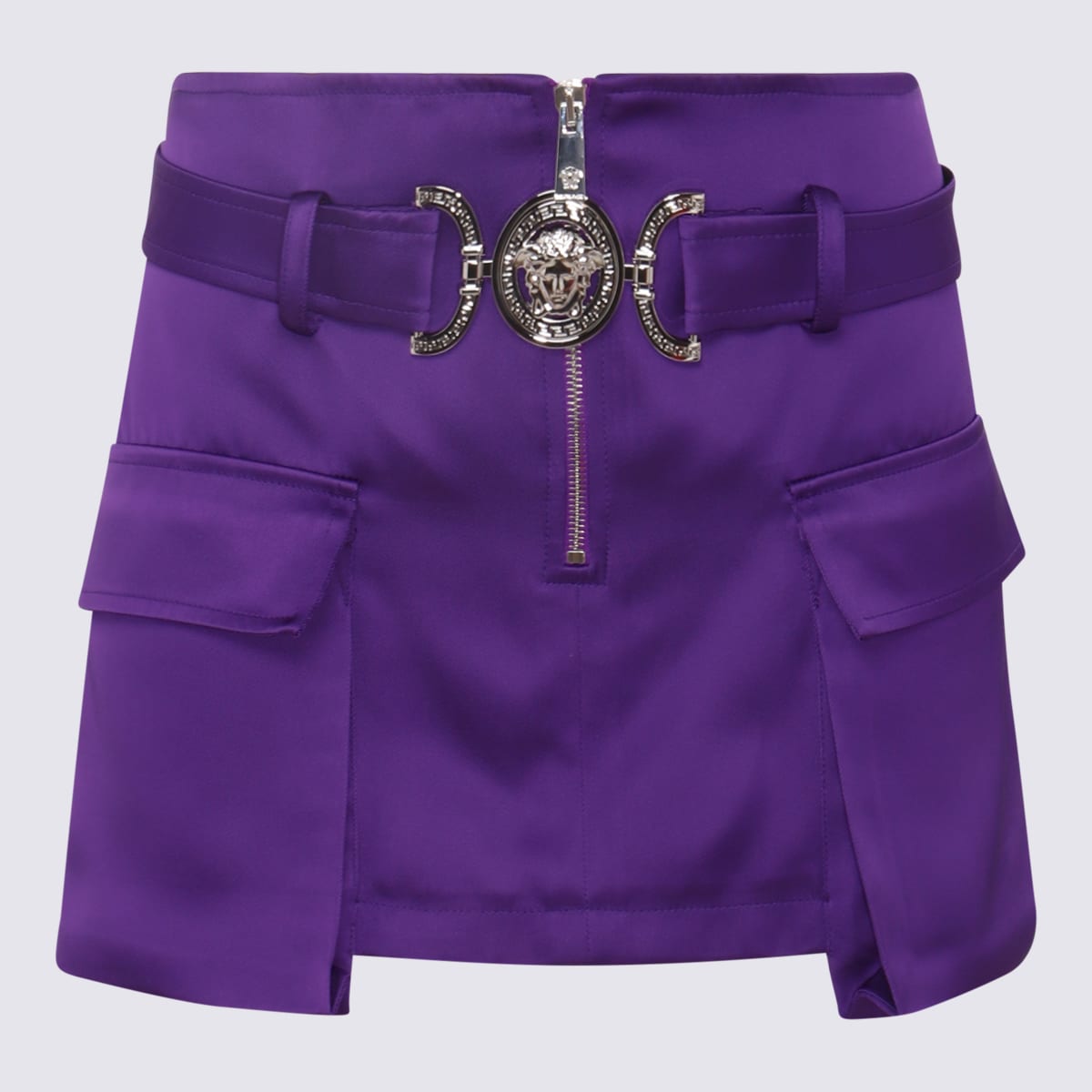 Shop Versace Bright Dark Orchid Silk Blend Mini Skirt