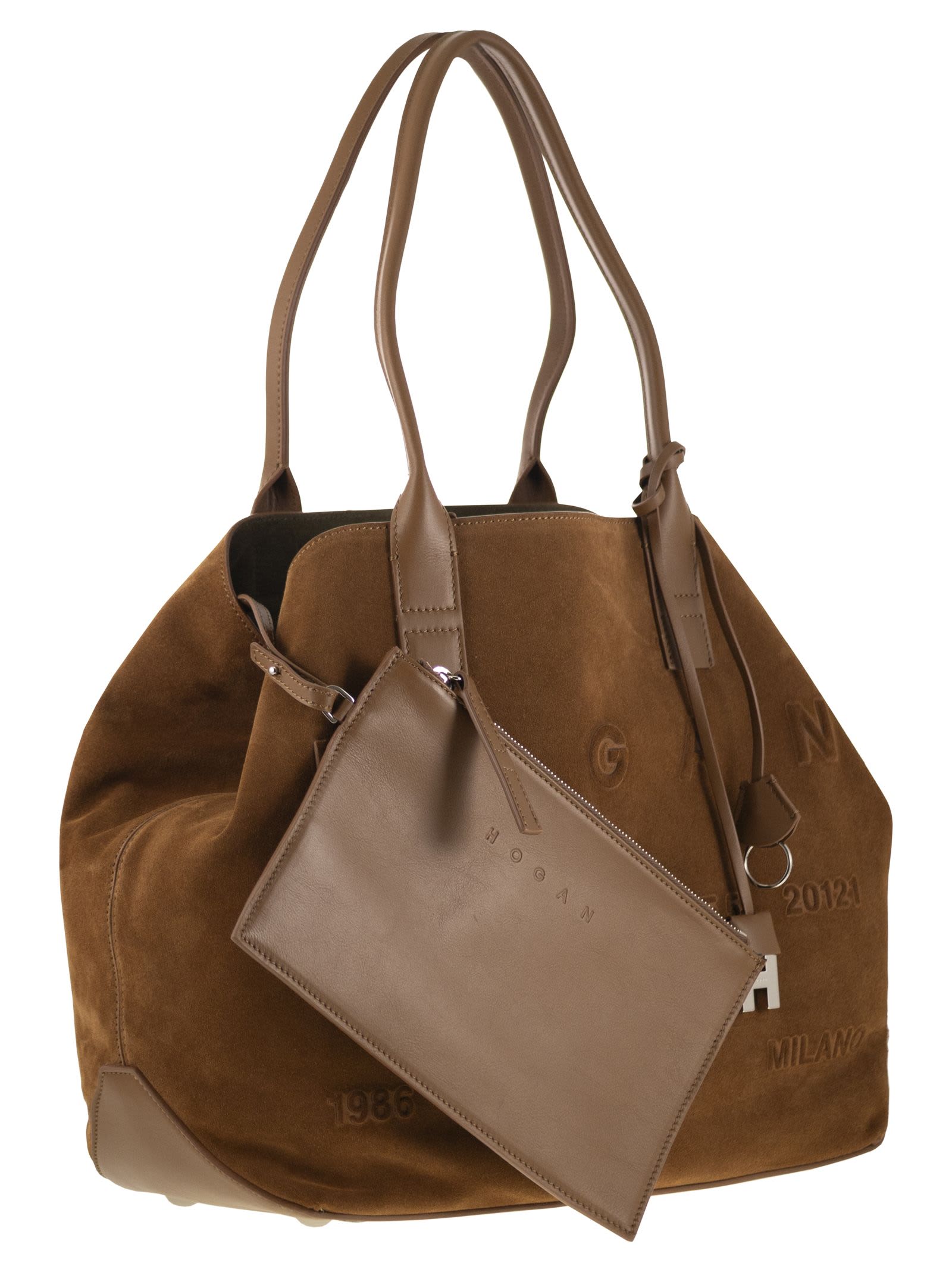 Hogan Medium Script Shopping Bag In Suede In Brown