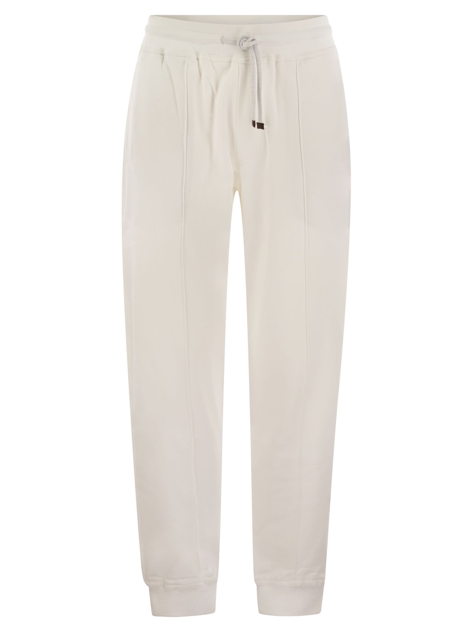 Shop Brunello Cucinelli Cotton Fleece Trousers With Crête And Elasticated Hem In White