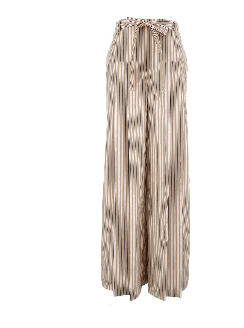 Beige Striped Pants With Bow Details In Popeline Woman