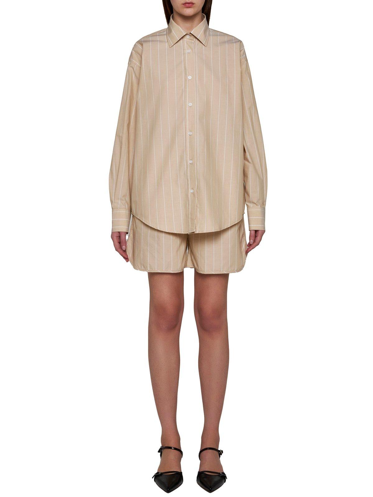 Shop Filippa K Button-up Striped Poplin Shirt In Beige