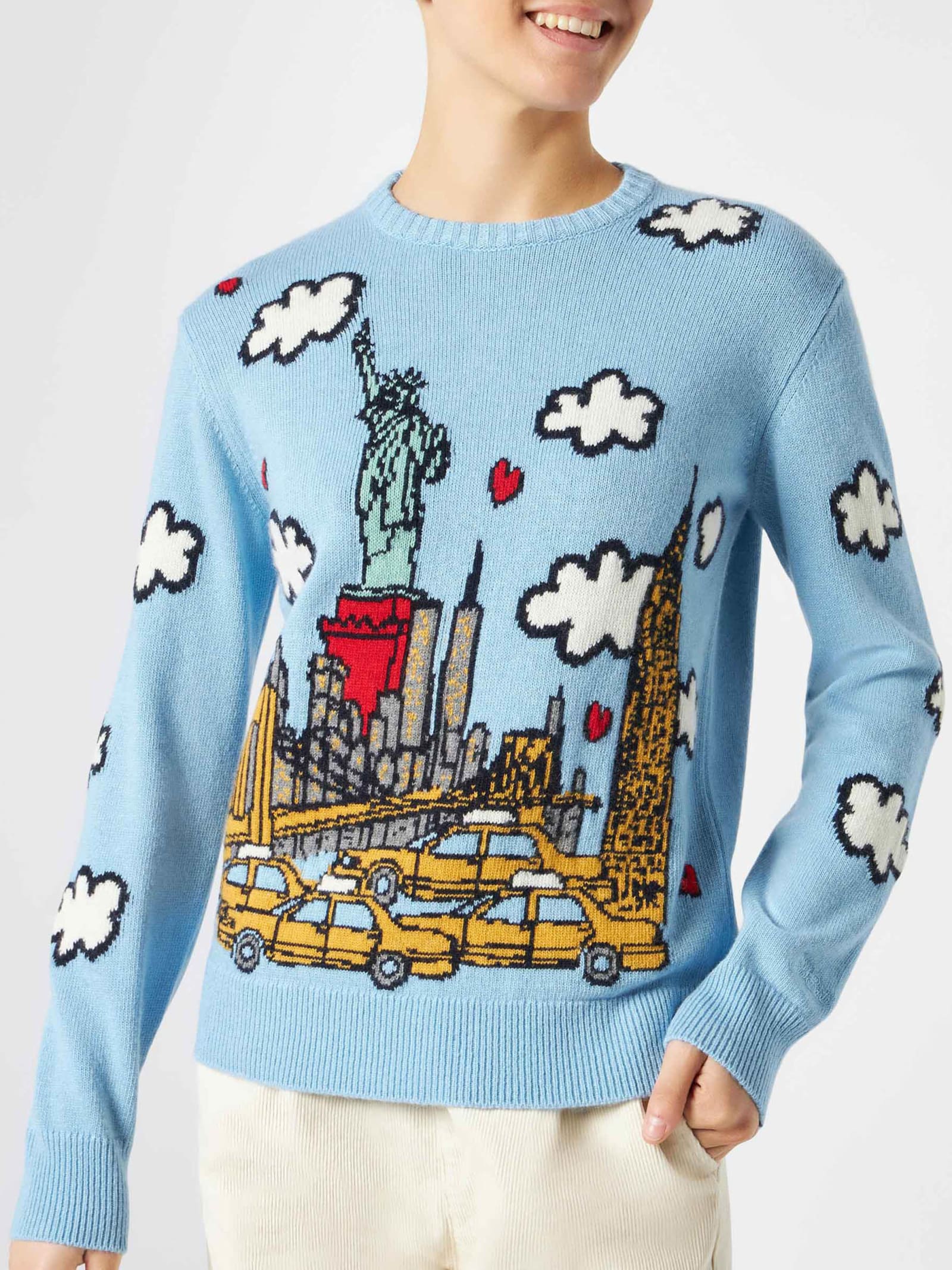 Shop Mc2 Saint Barth Woman Crewneck Sweater With New York Postcard In Sky