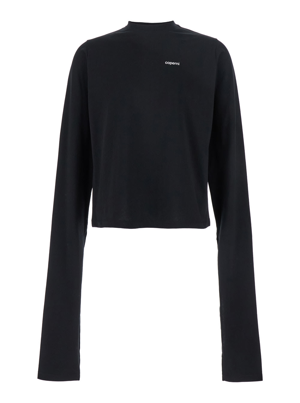 Coperni Black Crewneck T-shirt With Oversize Long Sleeves And Logo Lettering On The Front In Cotton Man