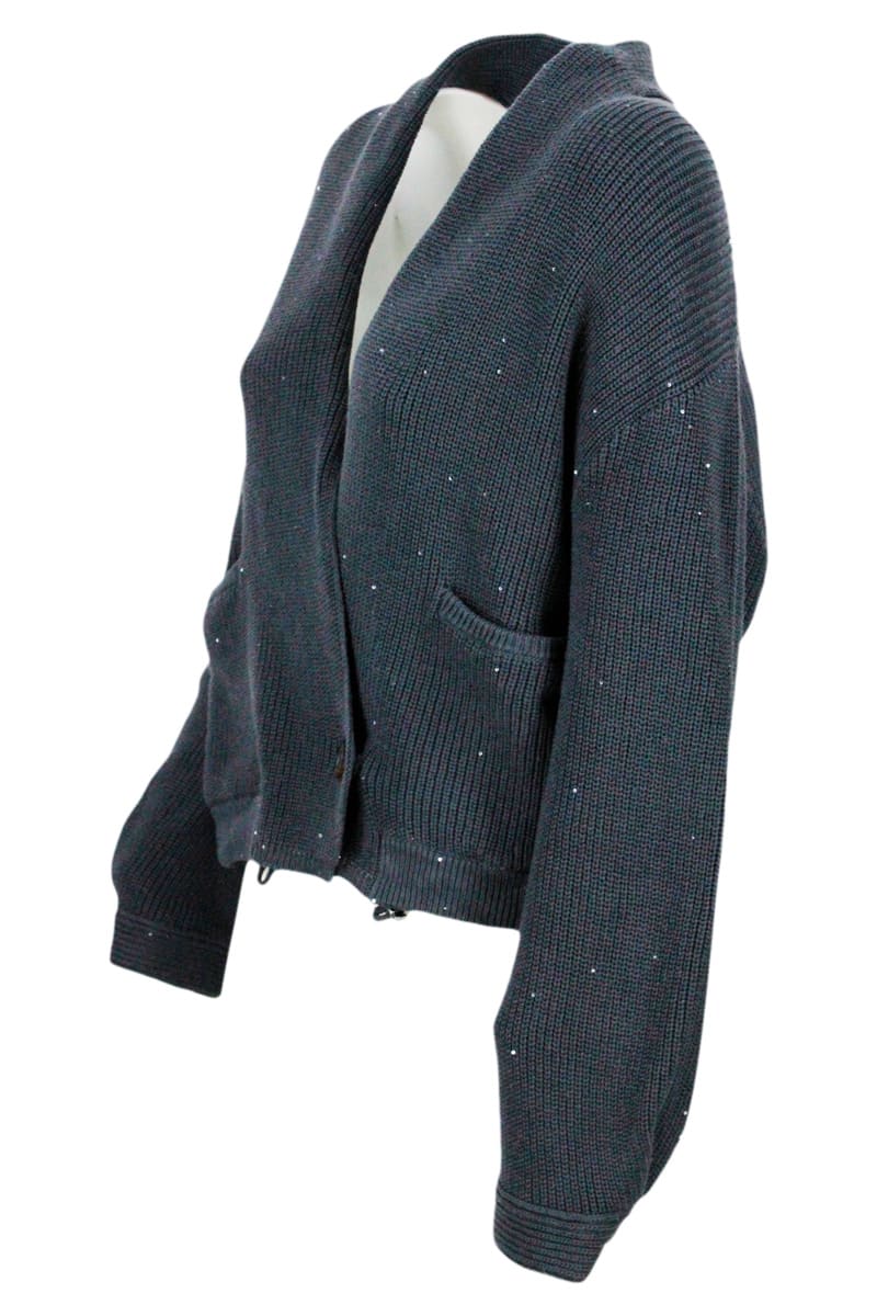 Shop Brunello Cucinelli Cardigan Sweater With Micro Sequins In Blu