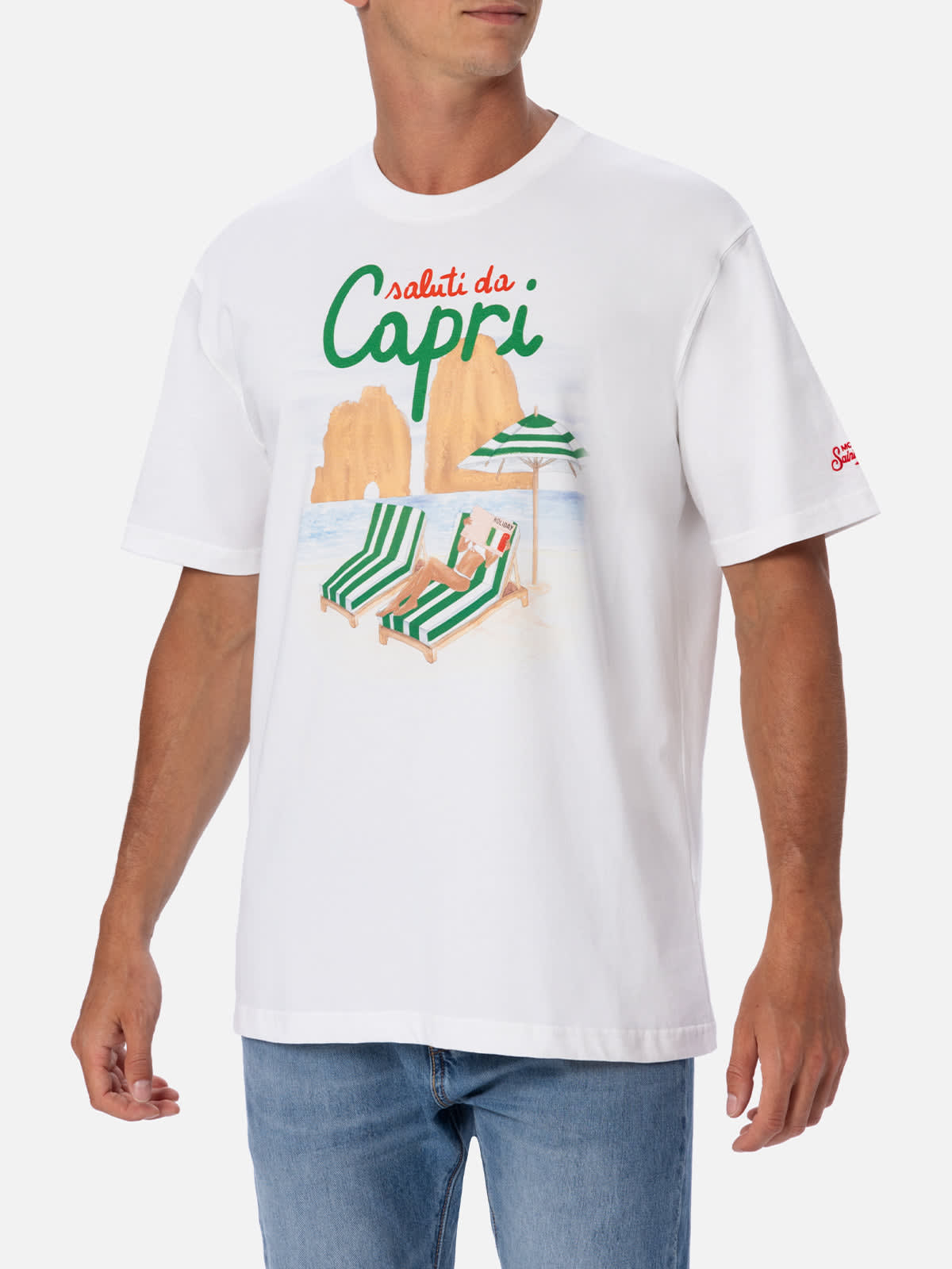 MC2 SAINT BARTH MAN COTTON T-SHIRT WITH SALUTI DA CAPRI PLACED PRINT