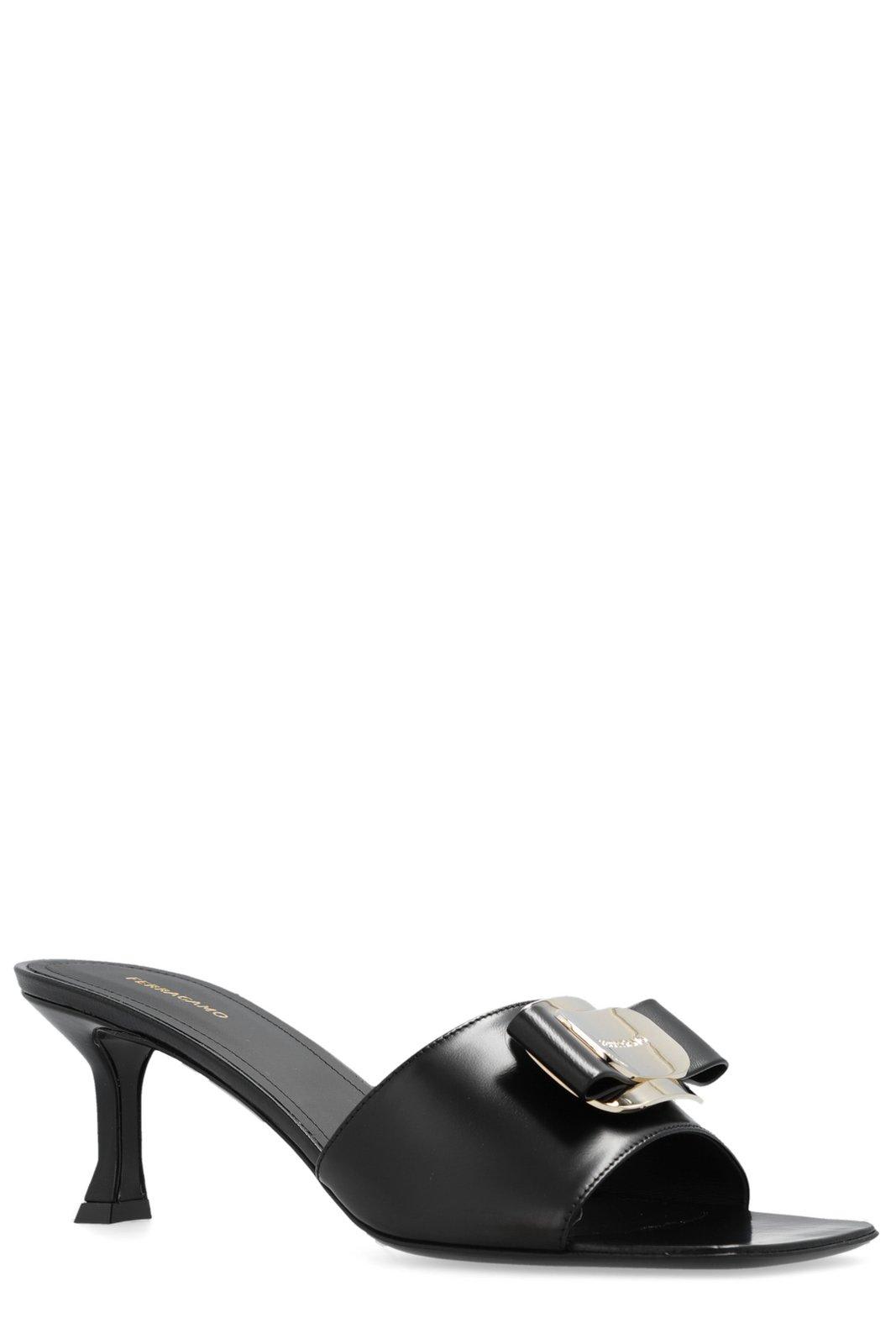 サンダル・ミュール SALVATORE FERRAGAMO BLACK SATIN MULES Salvatore Ferragamo Bow-detailed Slip-on Sandals - Shoes