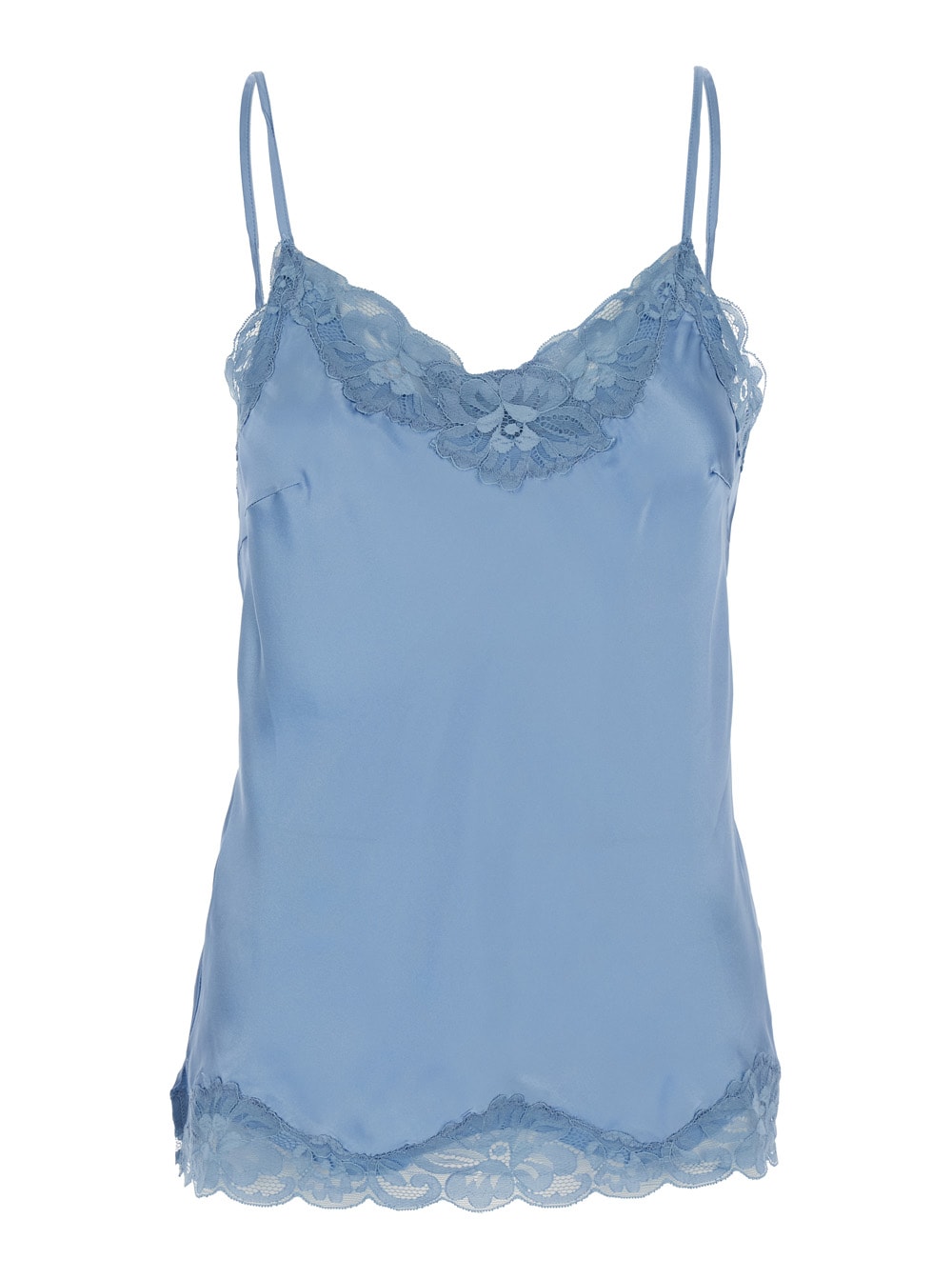 Light Blue Sleeveless Top With Adjustable Spaghetti Straps And Floral Emellishment In Silk Woman