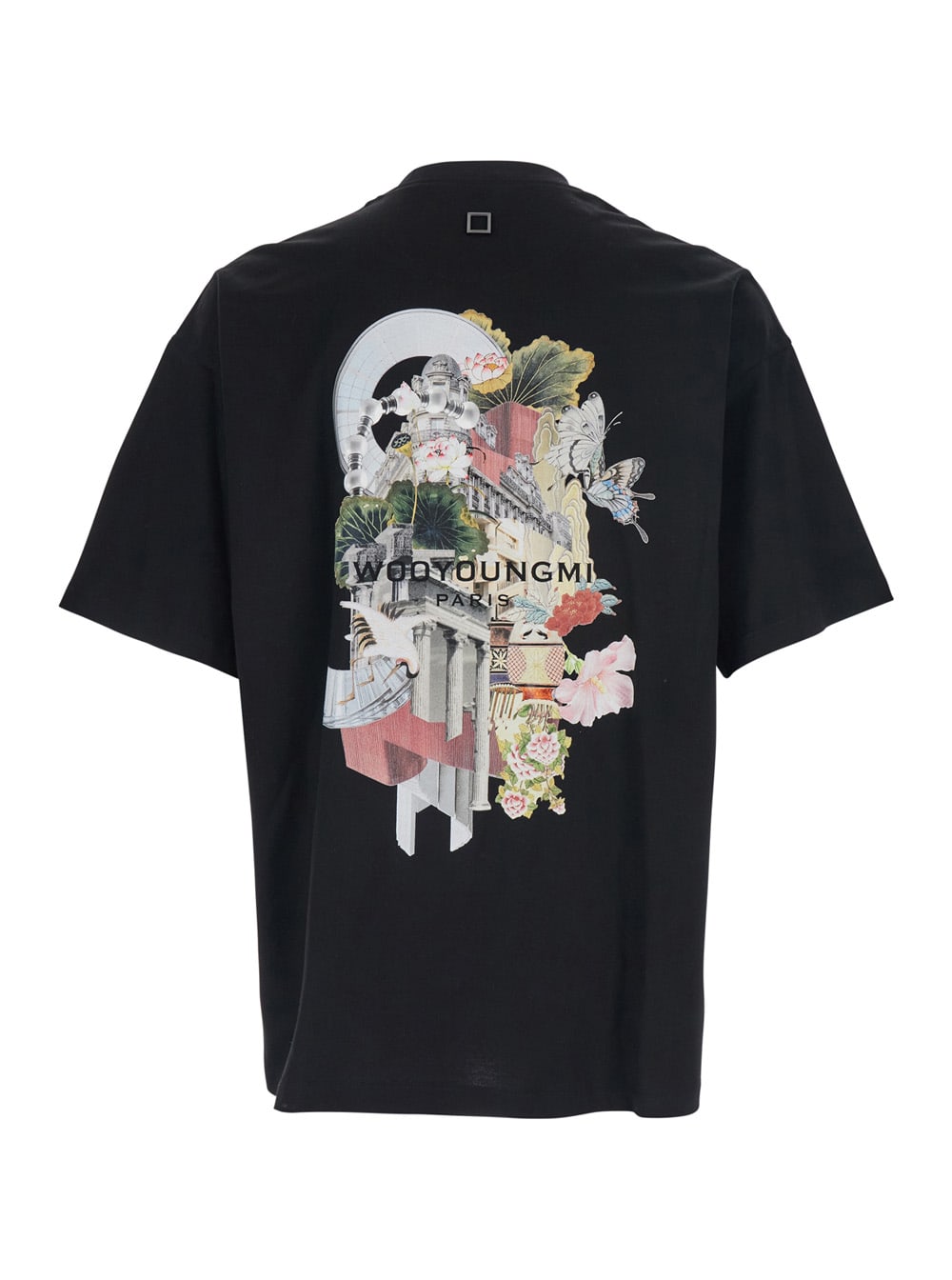 Wooyoungmi Black Crewneck T-shirt With Logo Patch On The Front And Floral Motif On The Rear In Cotton Man In Black