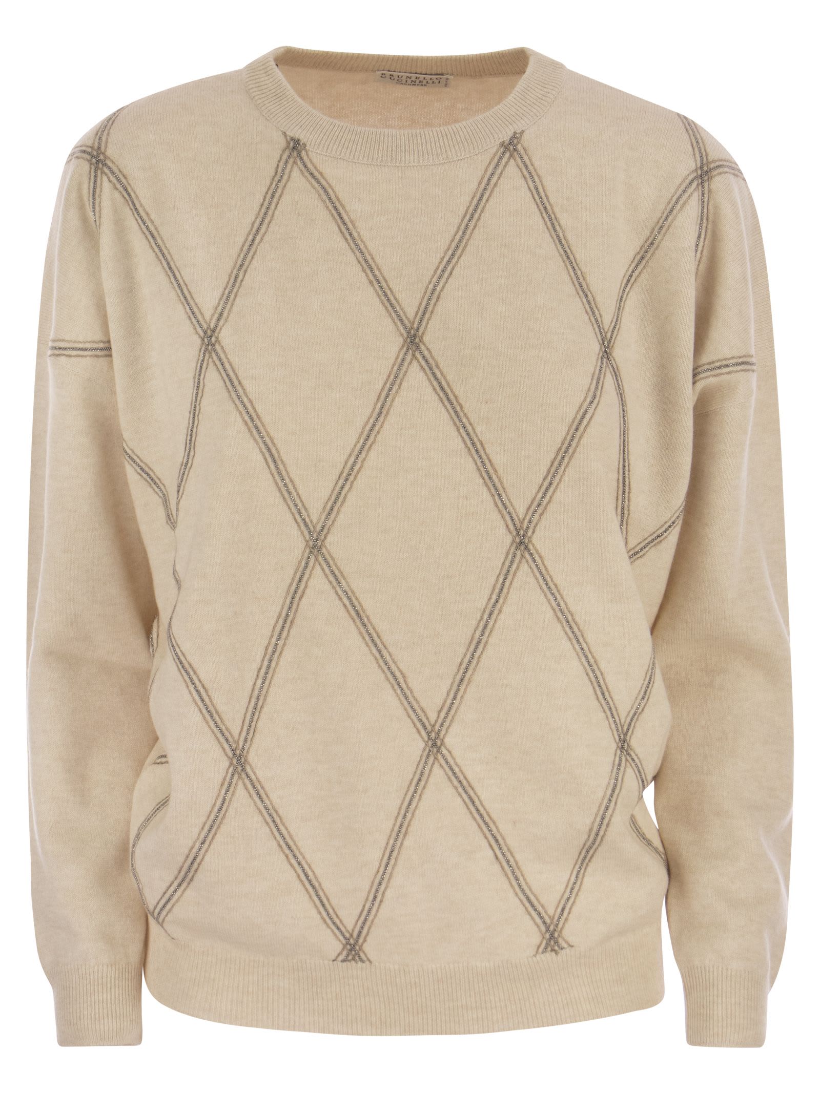 Brunello Cucinelli Crewneck Sweater In Fine Wool, Cashmere And Silk With Diamond Pattern In Sand