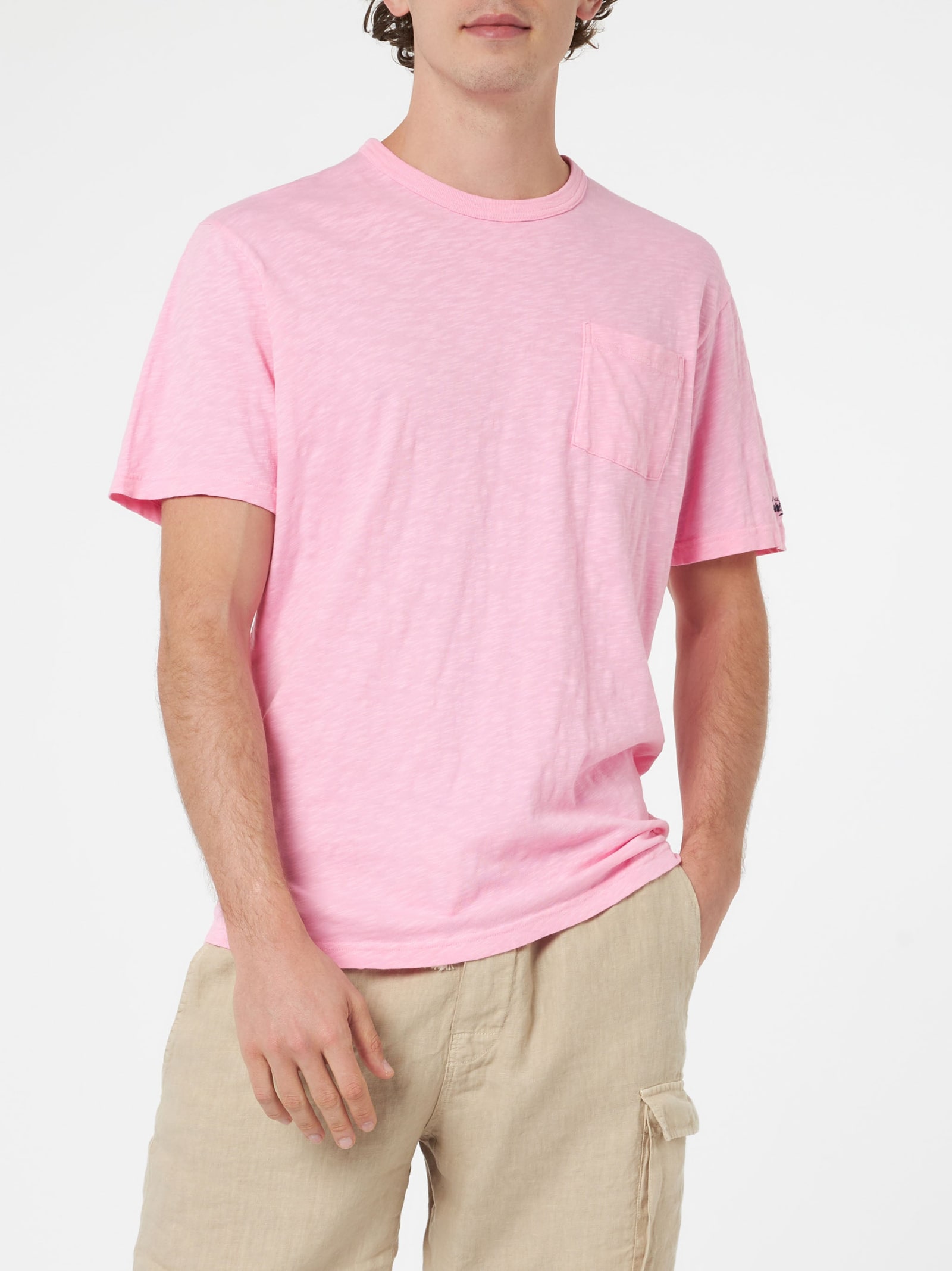 Shop Mc2 Saint Barth Man Pink Flamed Cotton T-shirt President With Embroidery
