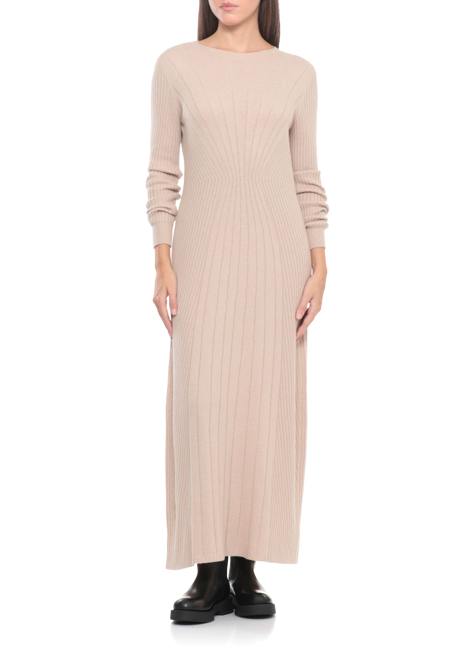 D Exterior Round-neck Long-sleeves Midi Dress In Neutral
