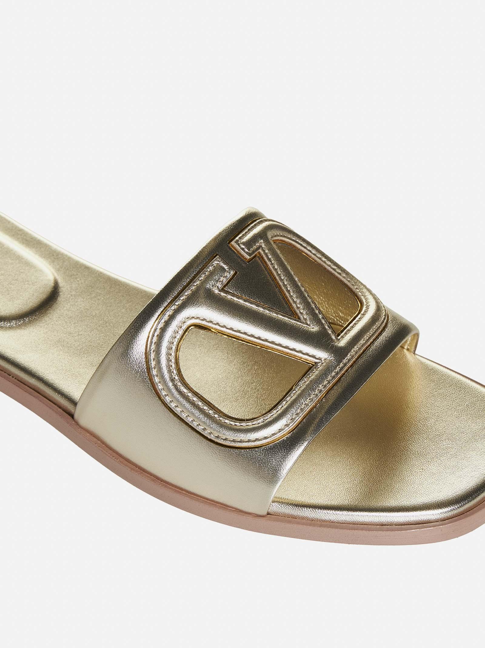 Shop Valentino Vlogo Cut-out Leather Slides In Platino/antique Brass