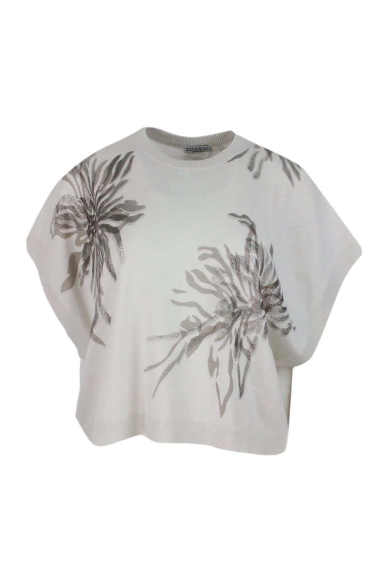Shop Brunello Cucinelli Crewneck Sweater In Wool, Silk And Cashmere With Floral Print Embellished With Lurex In Cream