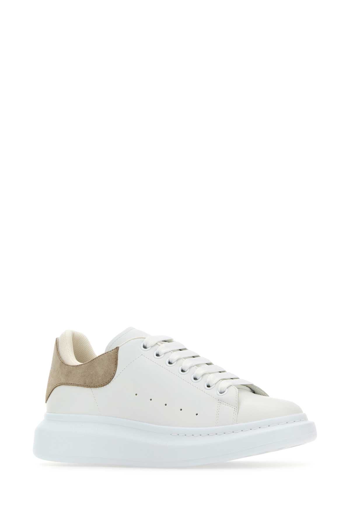 Shop Alexander Mcqueen White Leather Sneakers With Beige Suede Heel In Whitestoneblack