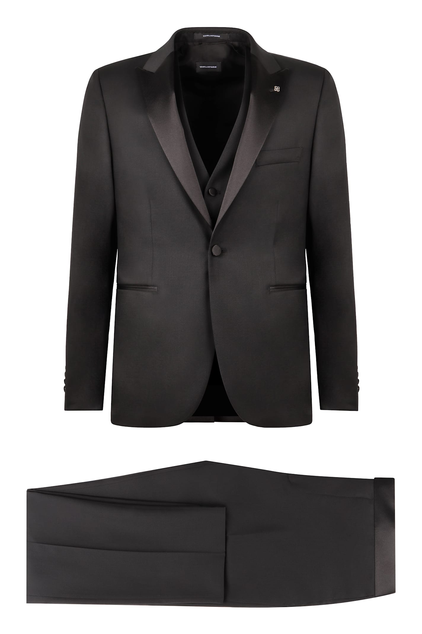 Shop Tagliatore Stretch Wool Three-pieces Suit In Black