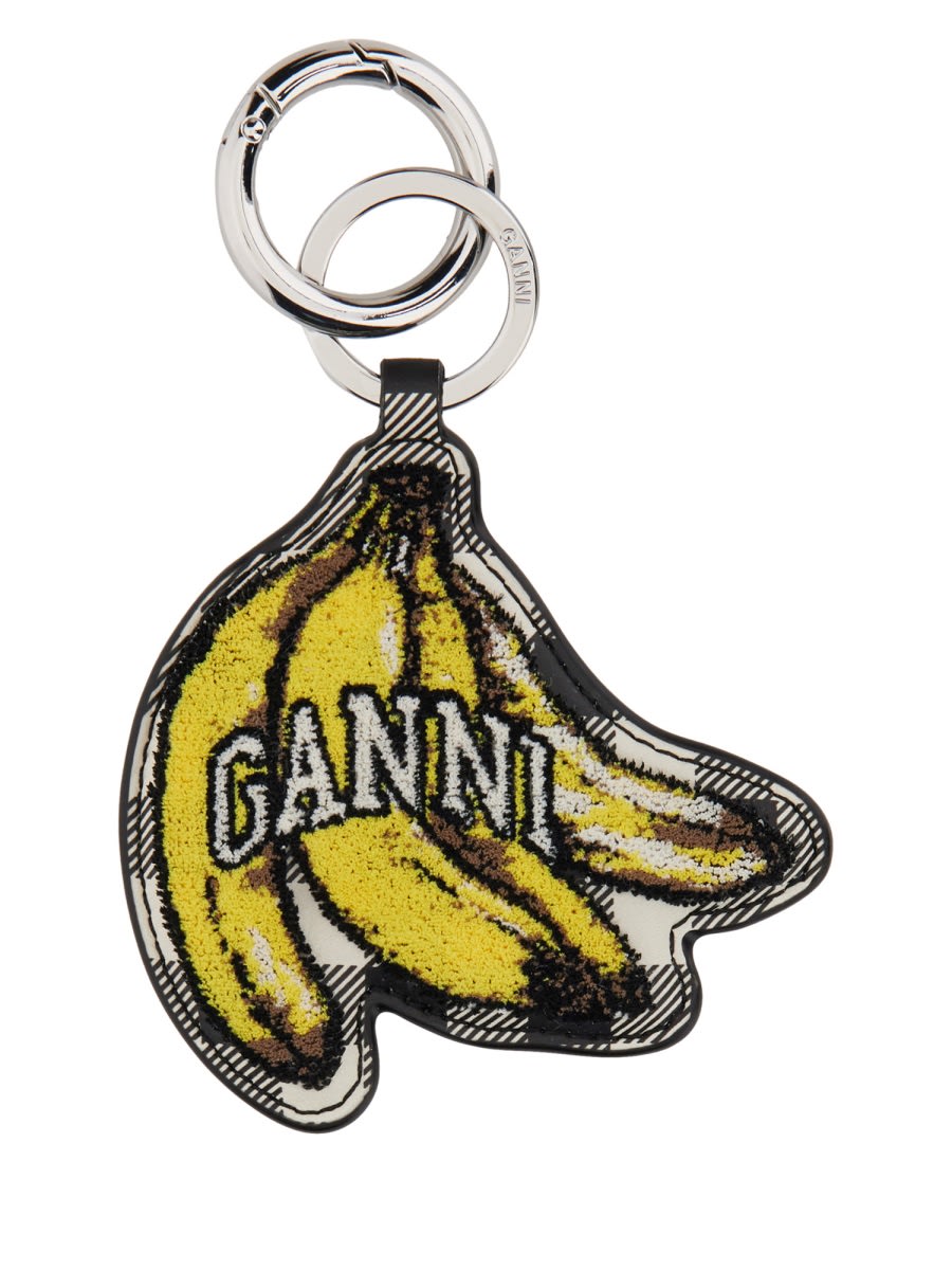 Ganni Multicolor Banana Shaped Keyring With Logo Lettering On The Front In Leather And Tech Fabric Woman In Yellow