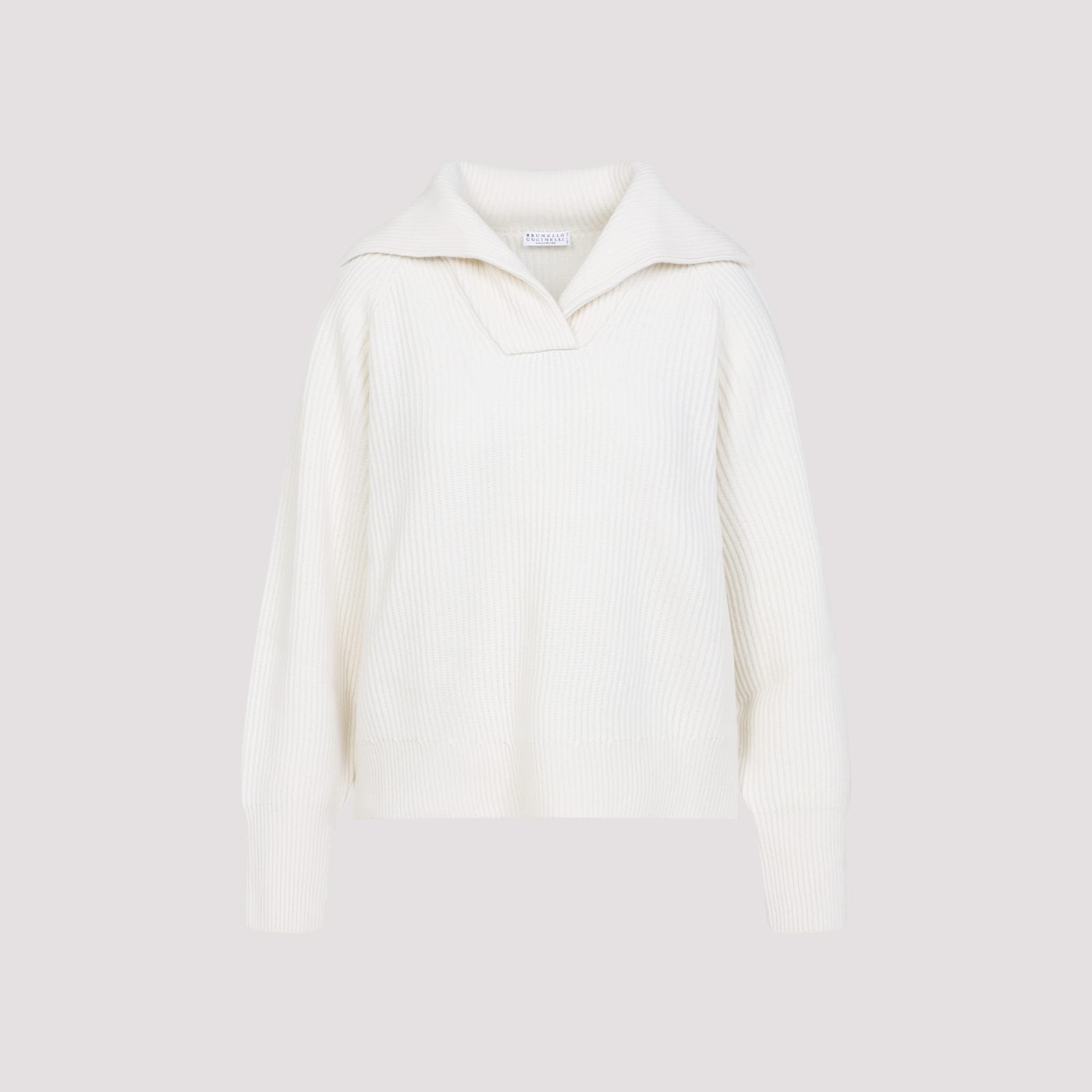 Brunello Cucinelli Wide Collar Ribbed Knit Sweater In White