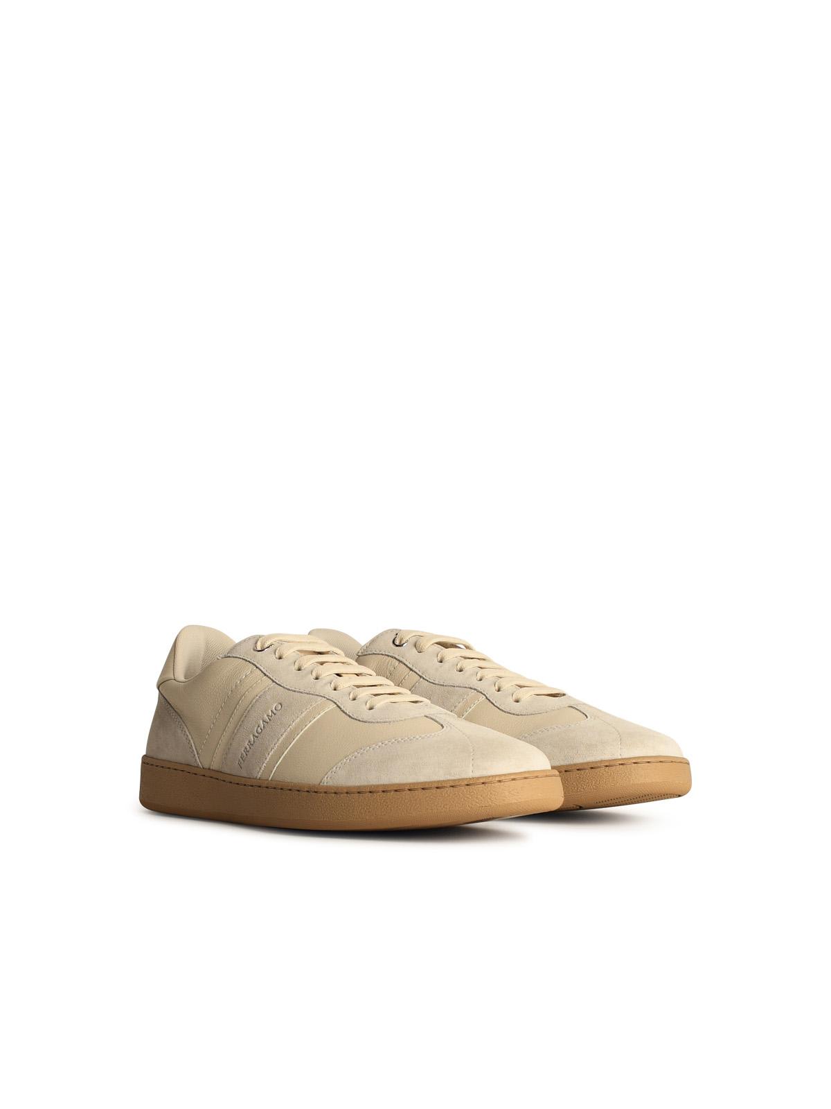 Shop Ferragamo Cream Leather Achille 1 Sneakers