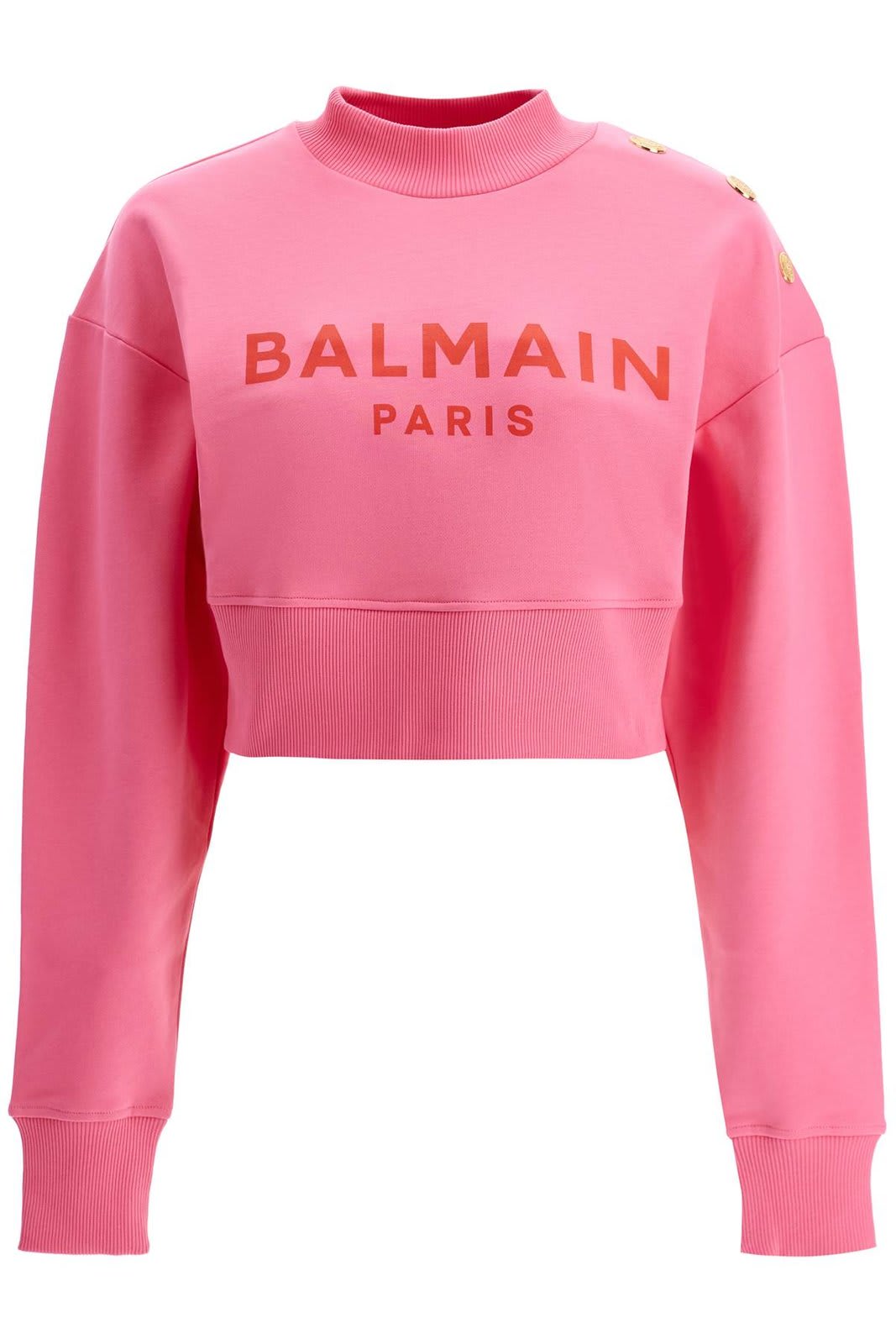 Shop Balmain Logo Printed Crewneck Cropped Sweatshirt In Rosa