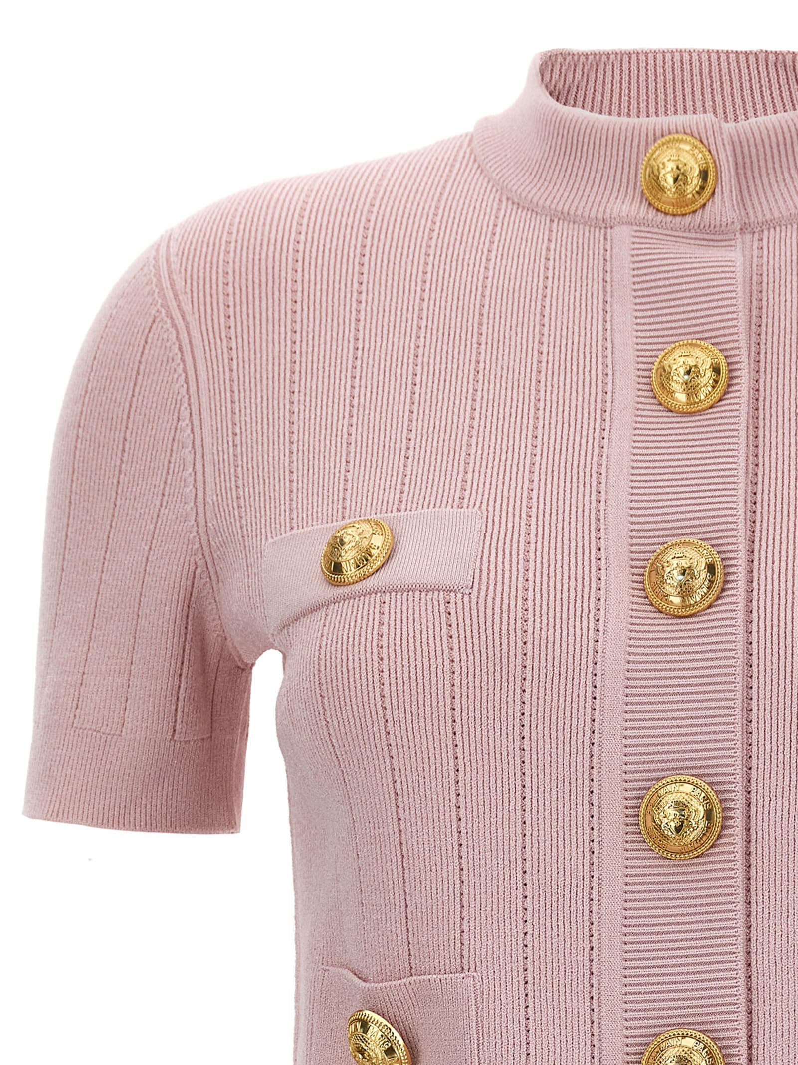 Shop Balmain Logo Button Cardigan In Pink