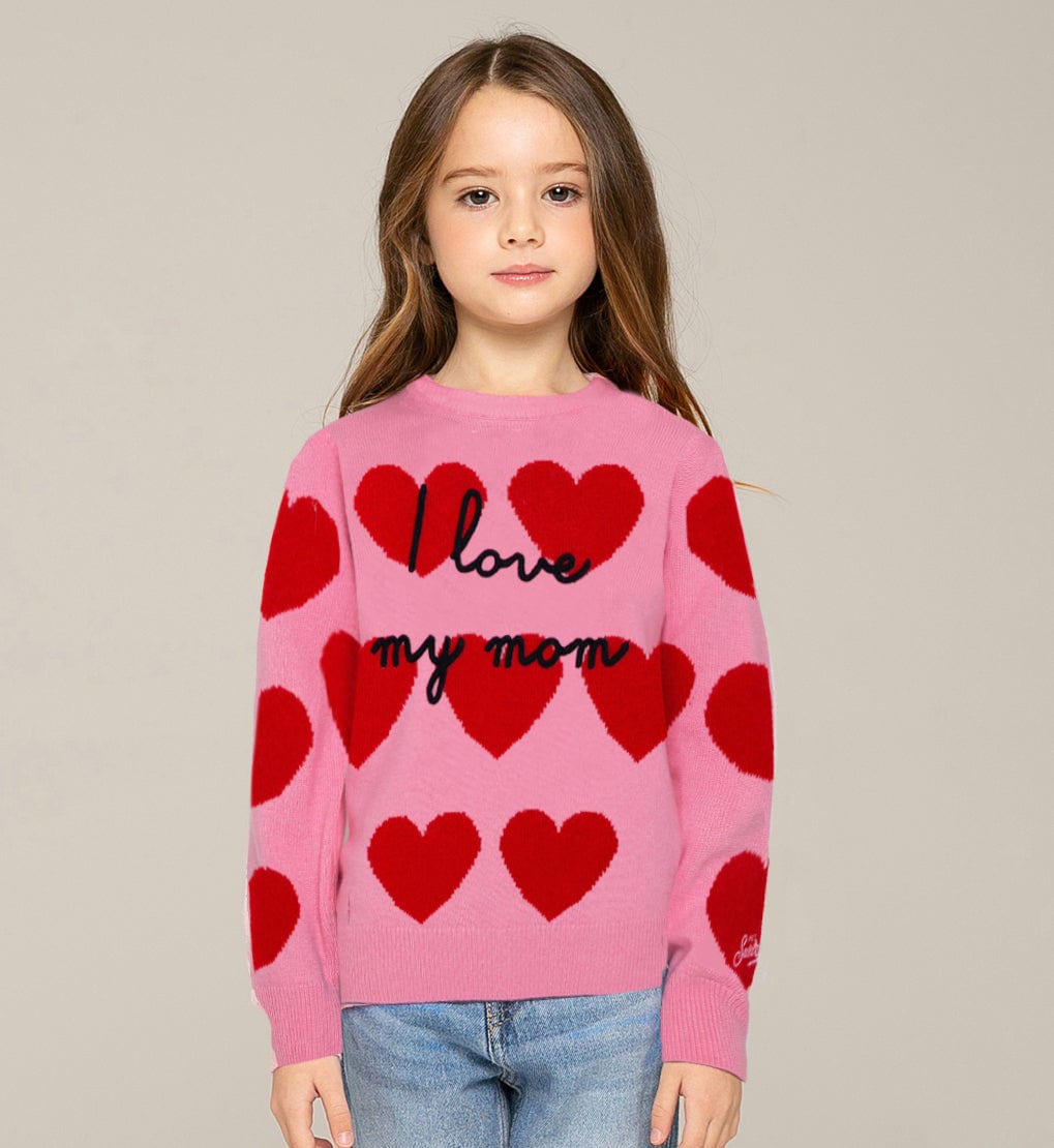 Mc2 Saint Barth Kids' Girl Sweater With Hearts Print And I Love My Mom Embroidery In Pink