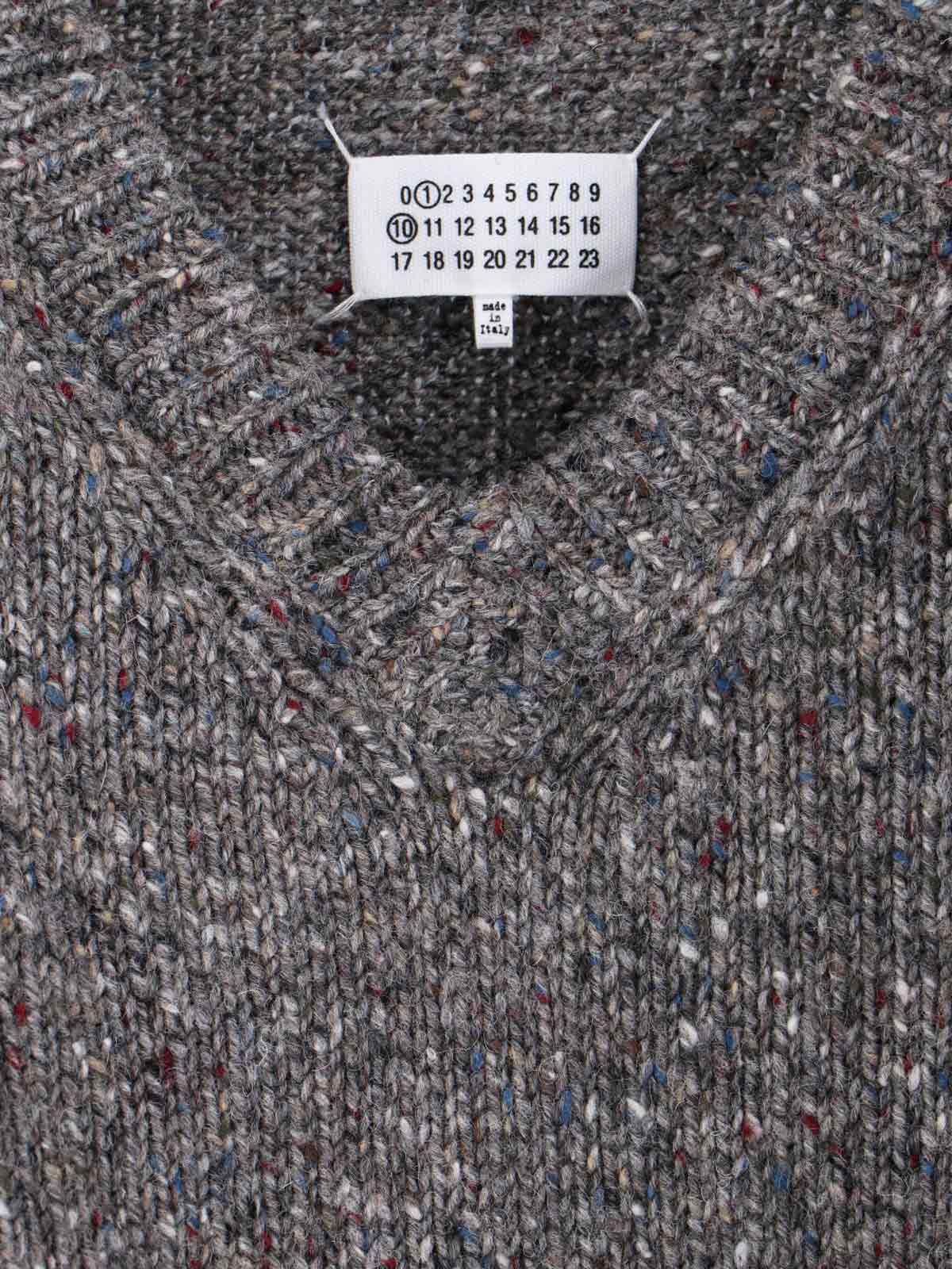 Maison Margiela Textured Knit V-neck Sweater In Shades Of Grey In Gray