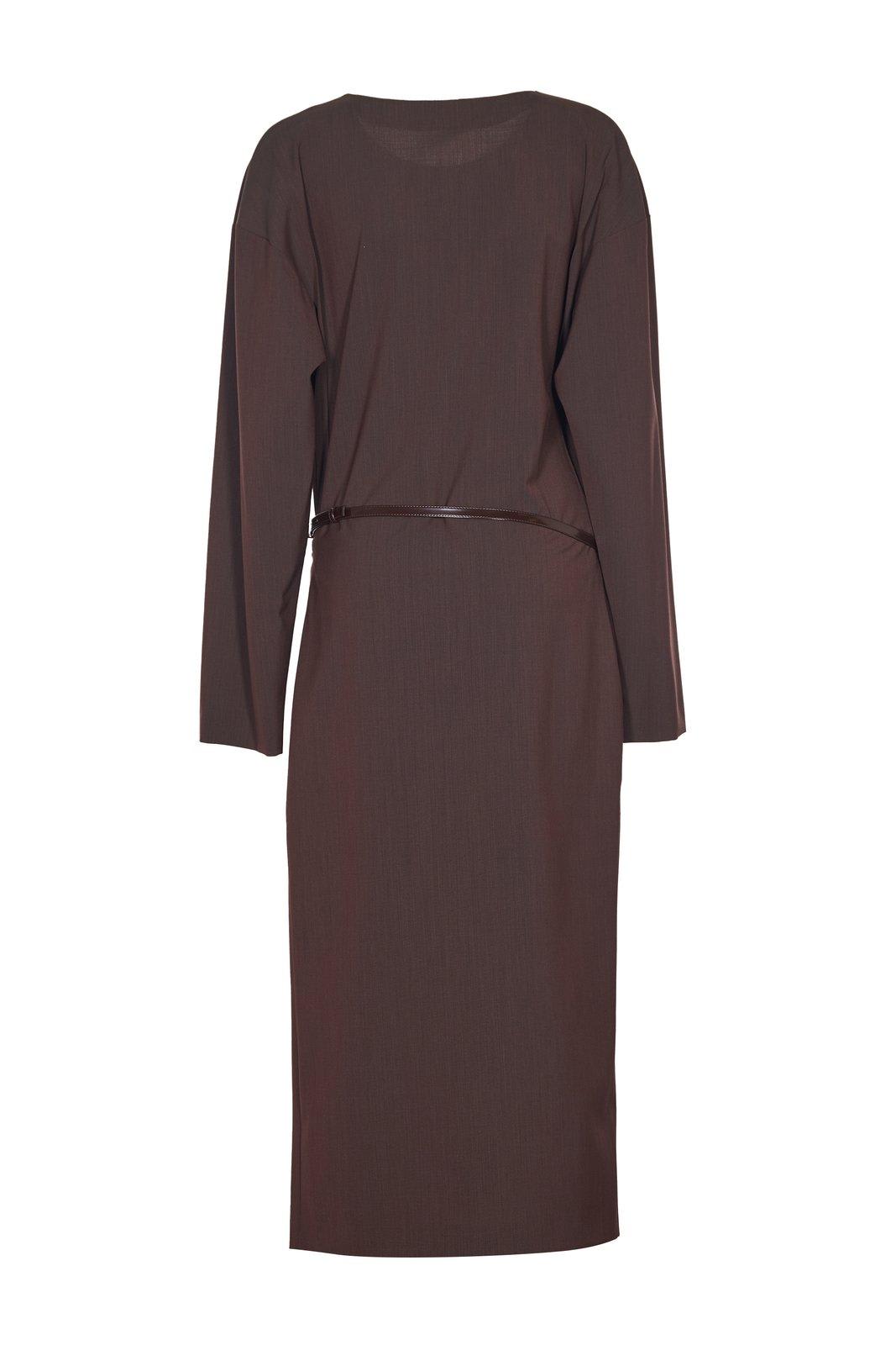 Shop Philosophy Di Lorenzo Serafini Belted Crewneck Midi Dress In Brown