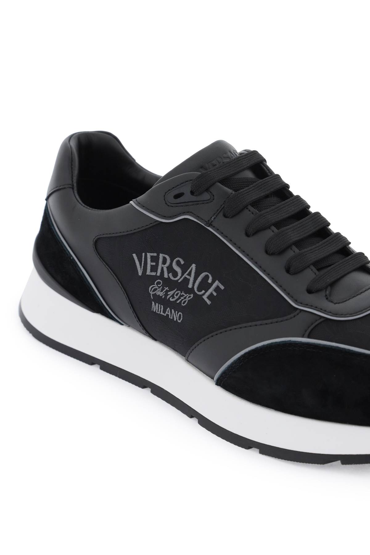 Shop Versace Logo Sided Jacquard Sneakers In Black