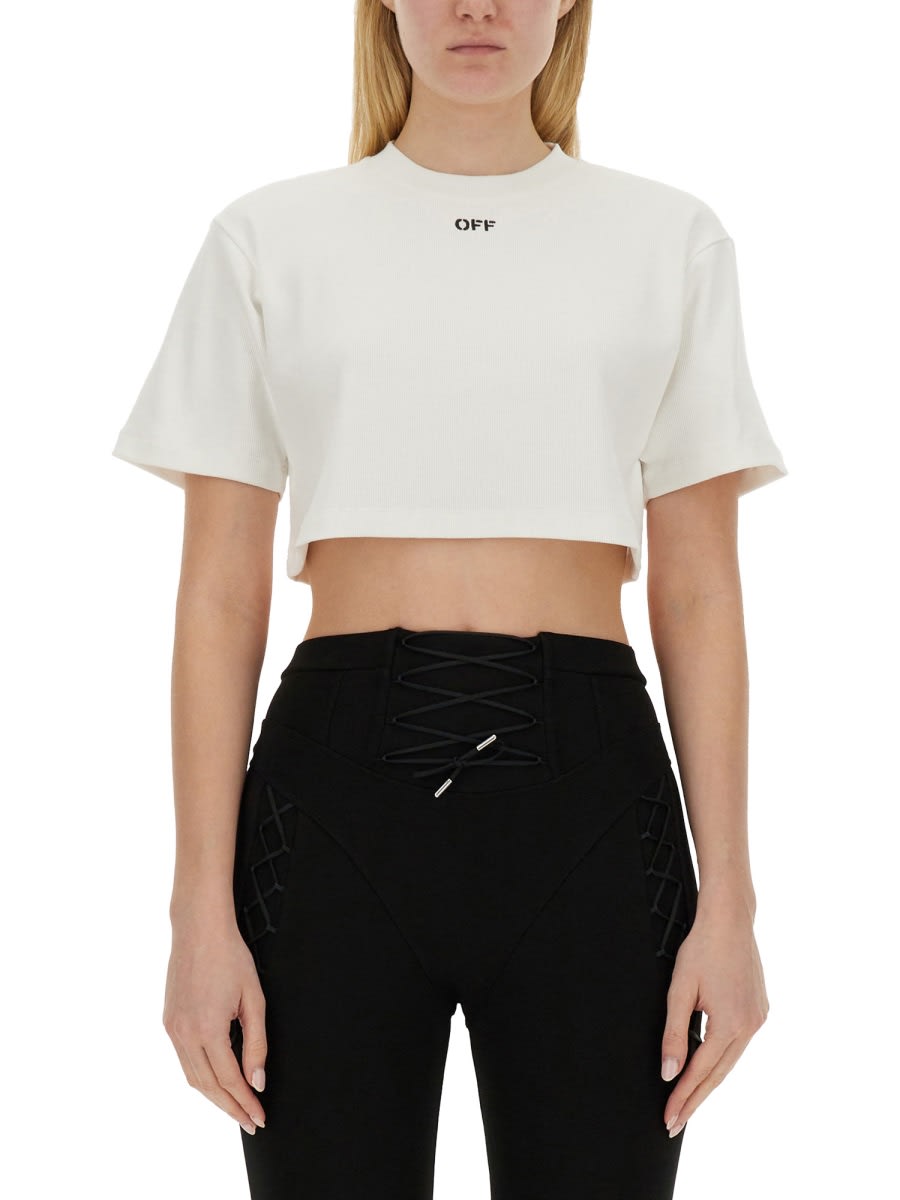 Shop Off-white Ribbed Cropped T-shirt In White