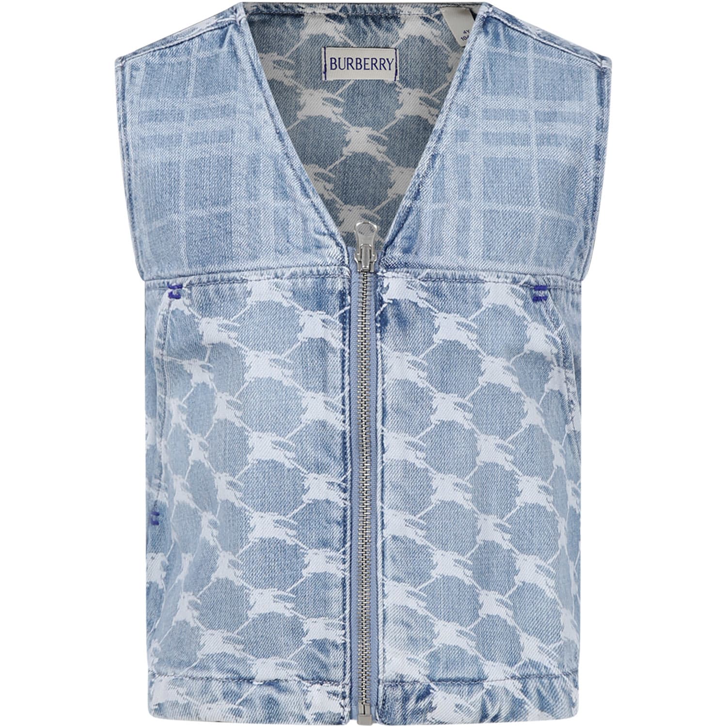 Shop Burberry Denim Vest For Girl With Iconic Check And All-over Logo